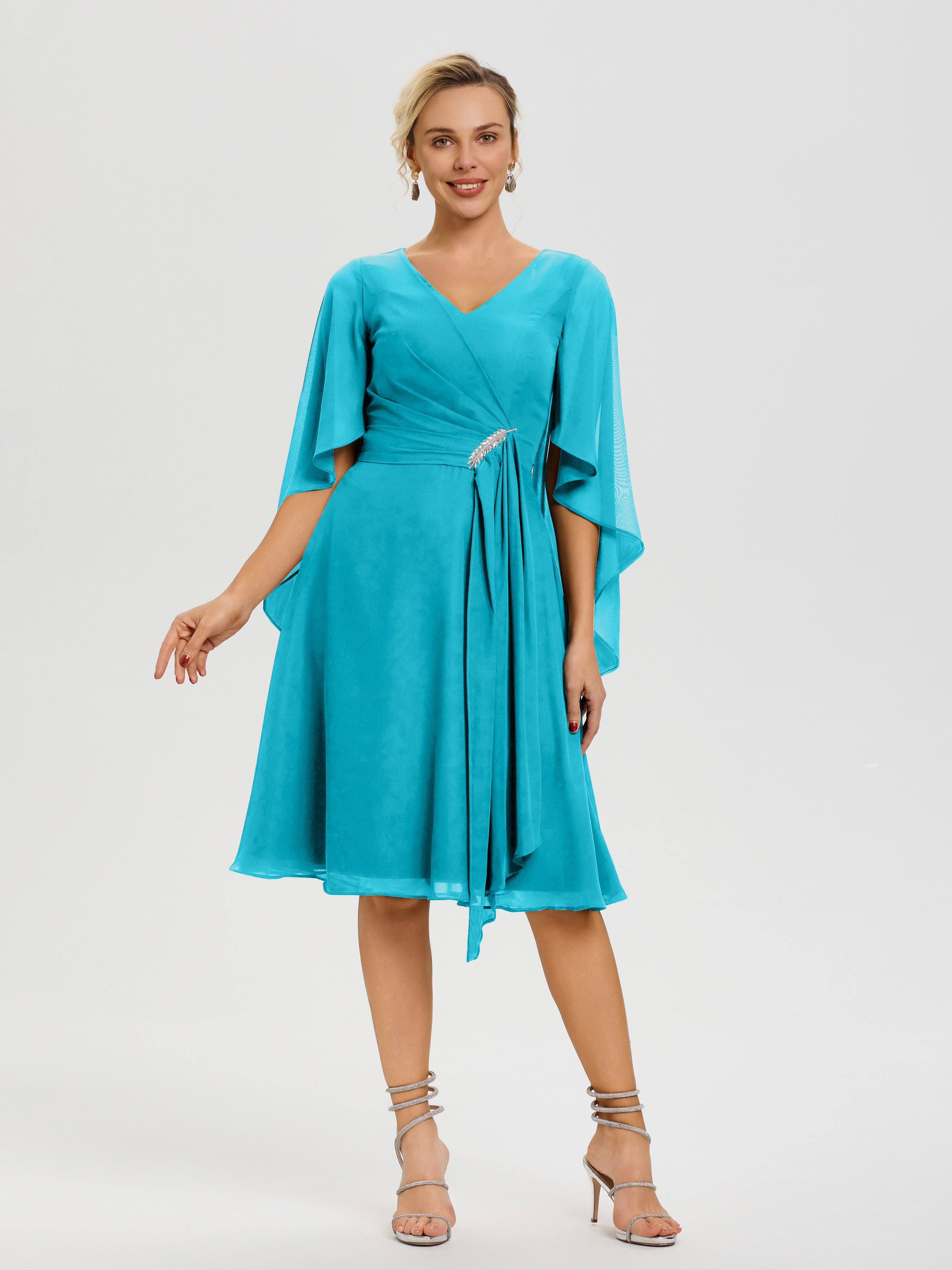 Robe Pour La Mère Du Marié Ivoire Manches Asymétrique Col V Mousseline Robe Mère Marié