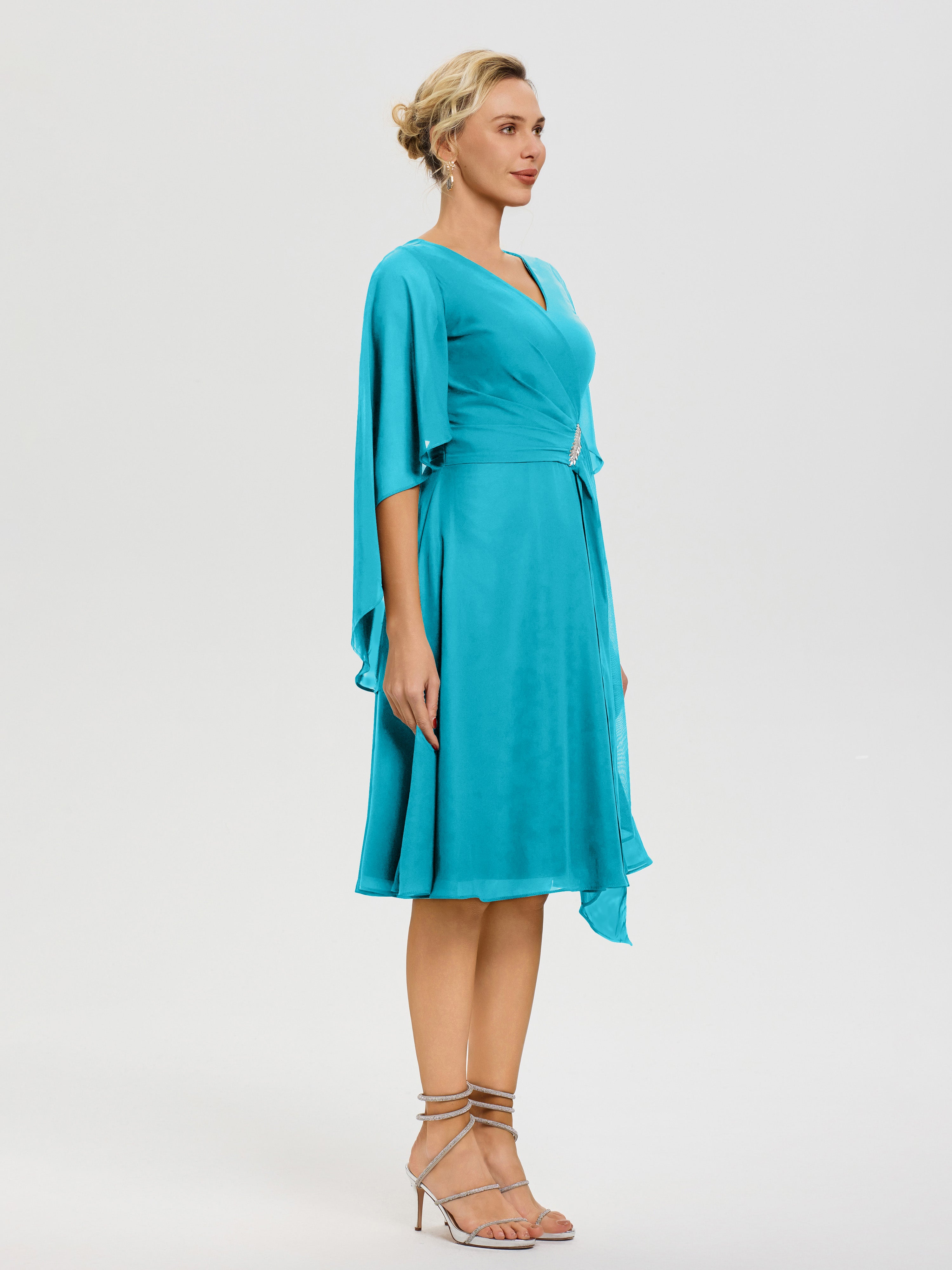 Robe Pour La Mère Du Marié Ivoire Manches Asymétrique Col V Mousseline Robe Mère Marié