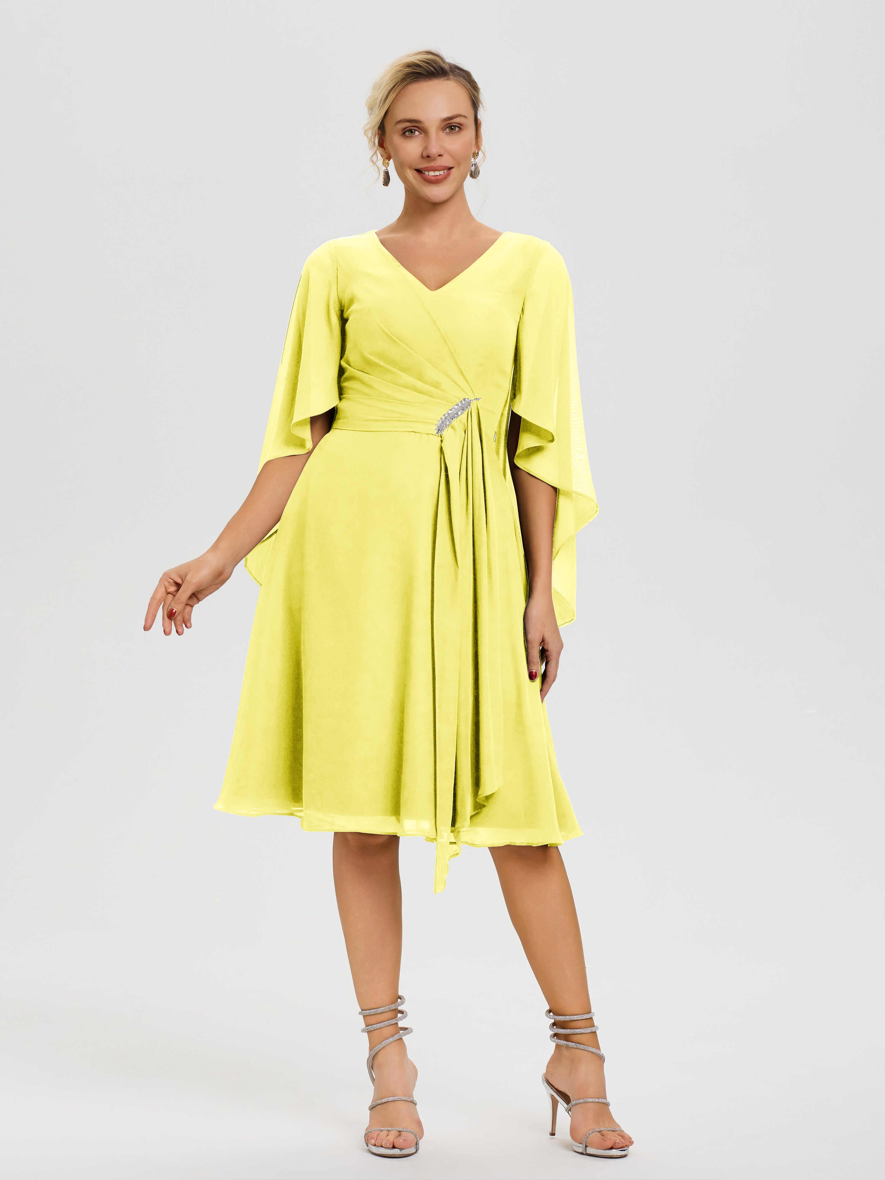 Robe Mère Mariee Citron Manches Asymétrique Col V Mousseline Robe Mère Marié