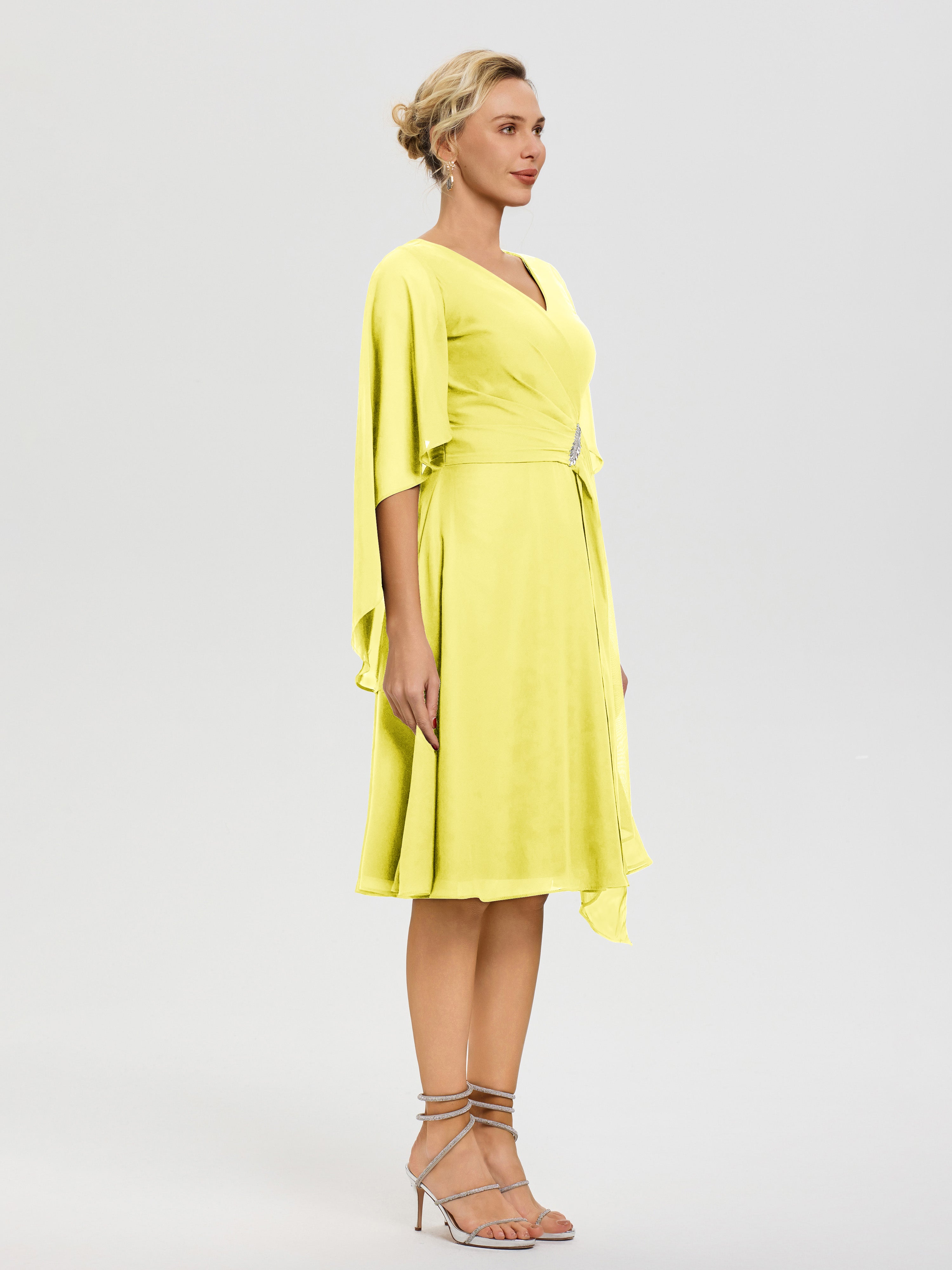 Robe Mère Mariee Citron Manches Asymétrique Col V Mousseline Robe Mère Marié