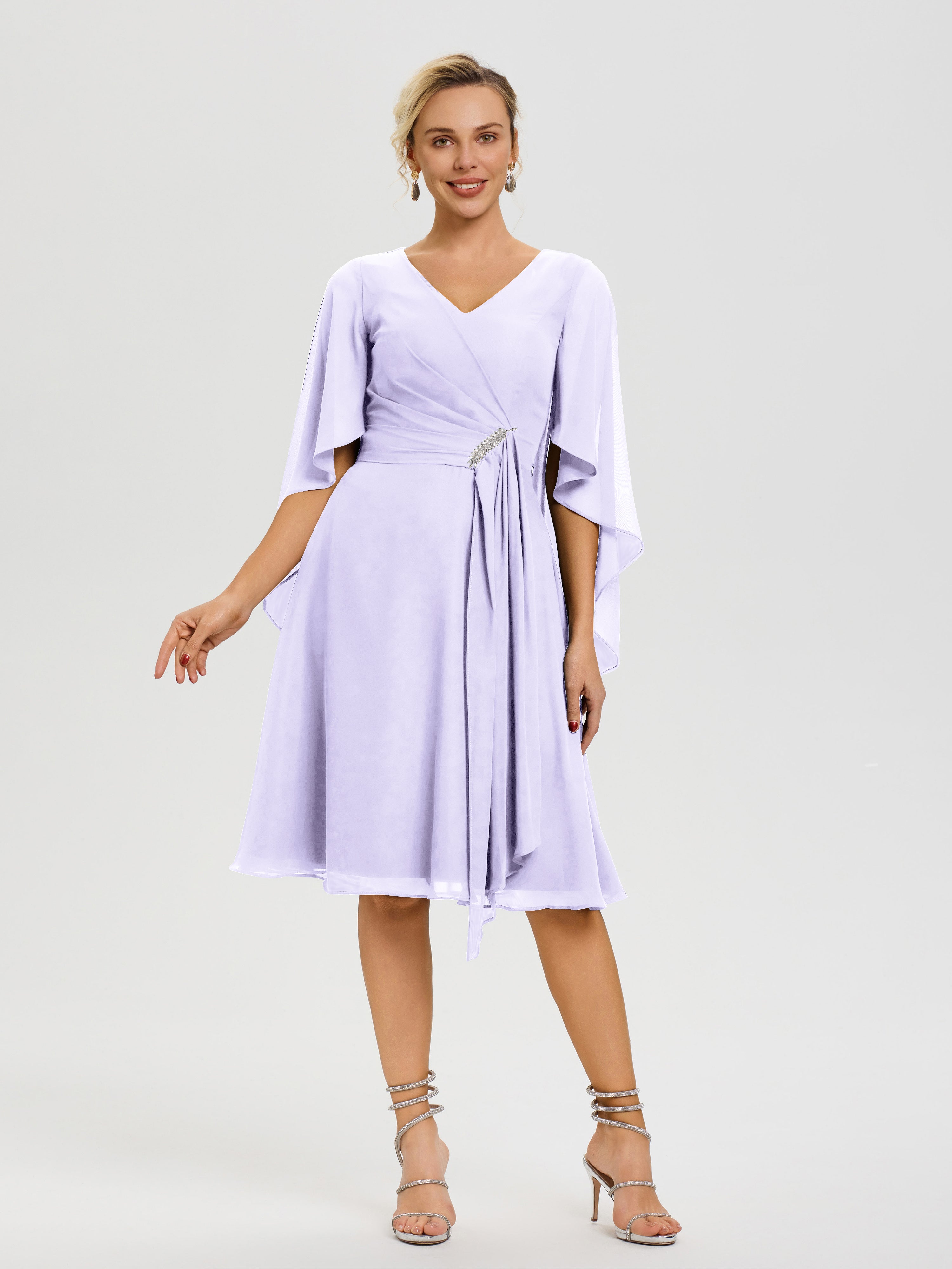 Robe Pour La Mère Du Marié Lilas Manches Asymétrique Col V Mousseline Robe Mère Marié