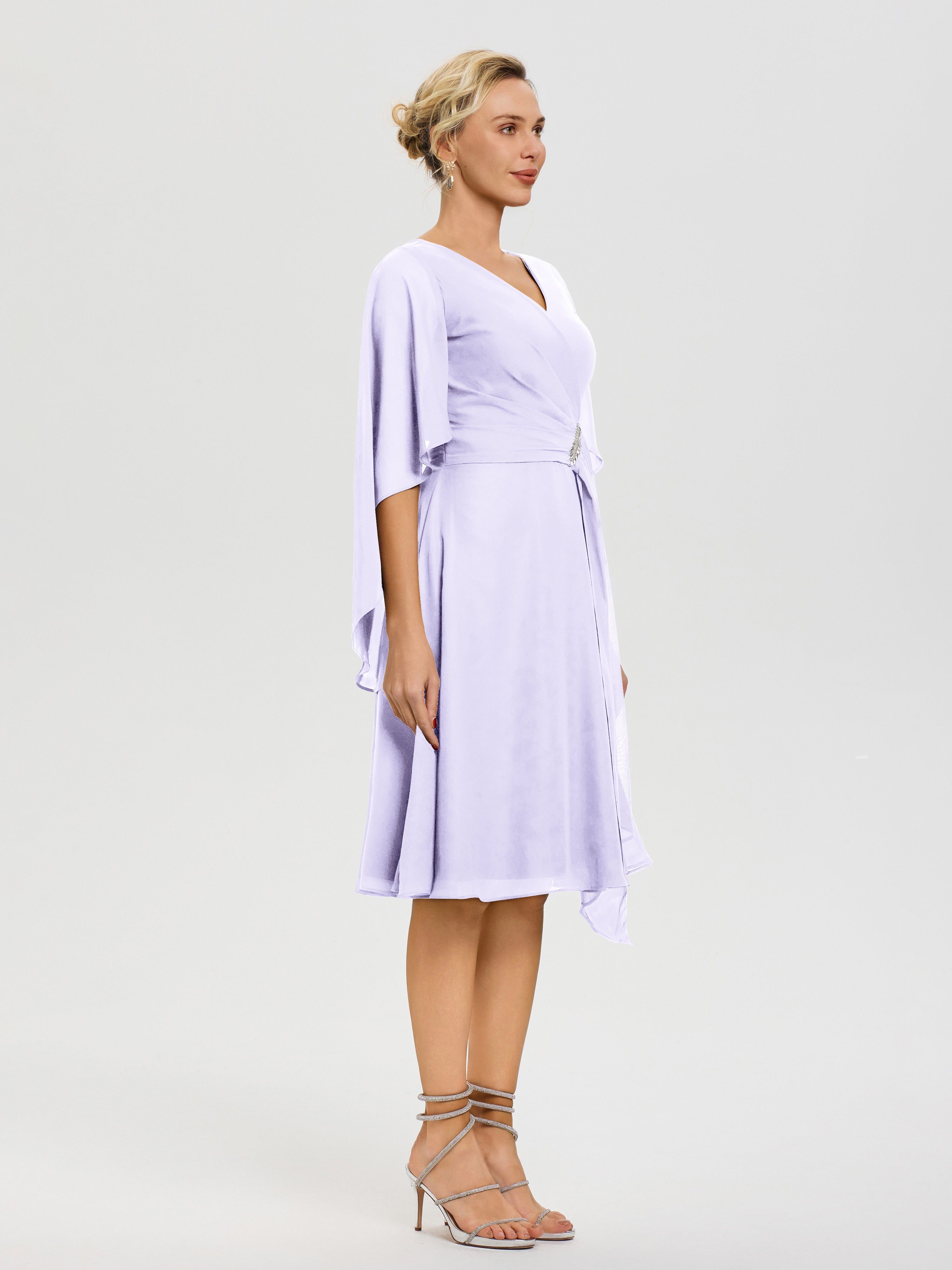 Robe Pour La Mère Du Marié Lilas Manches Asymétrique Col V Mousseline Robe Mère Marié