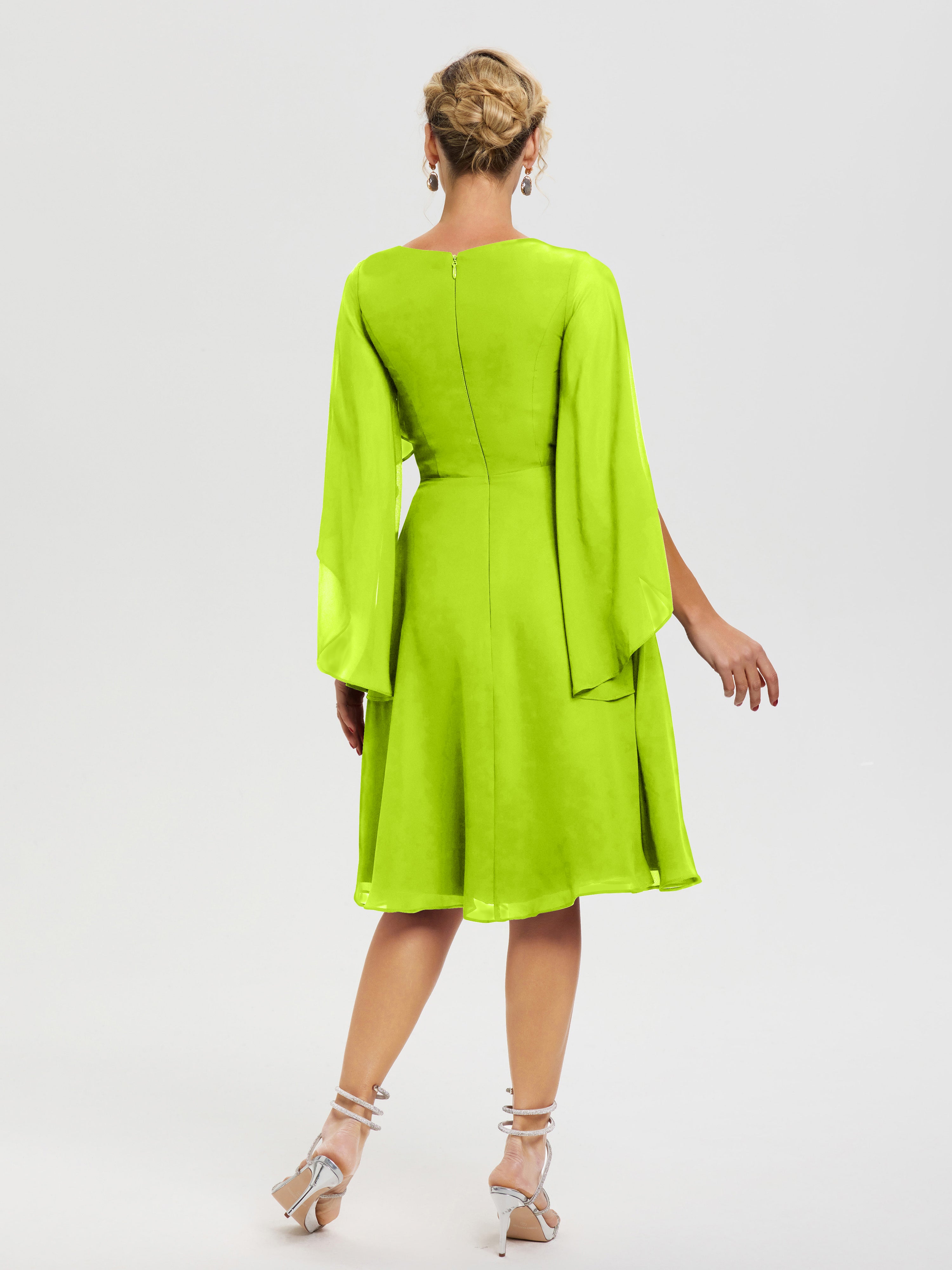 Tenue Mère De La Mariée Très Chic Vert Citron Manches Asymétrique Col V Mousseline Robe Mère Marié