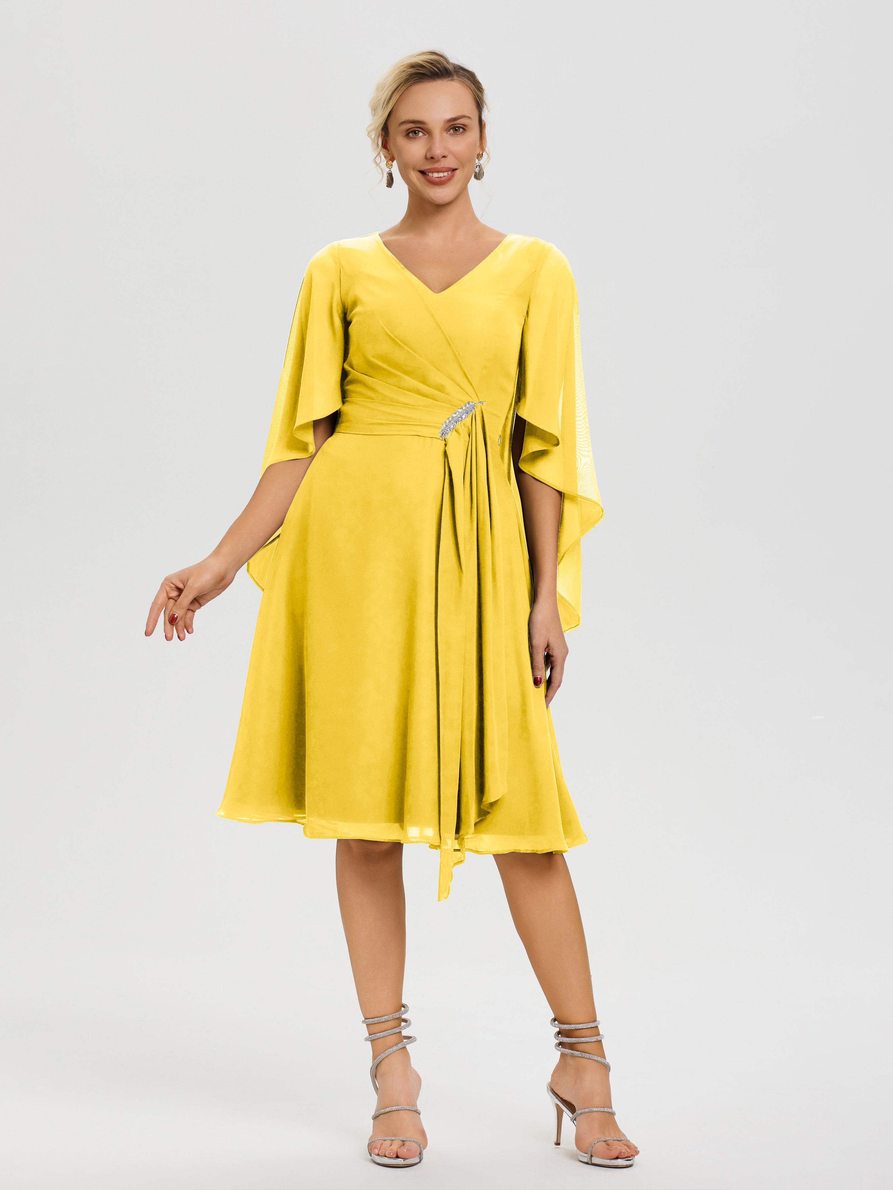 Robe De Cérémonie Mère Du Marié Souci Manches Asymétrique Col V Mousseline Robe Mère Marié