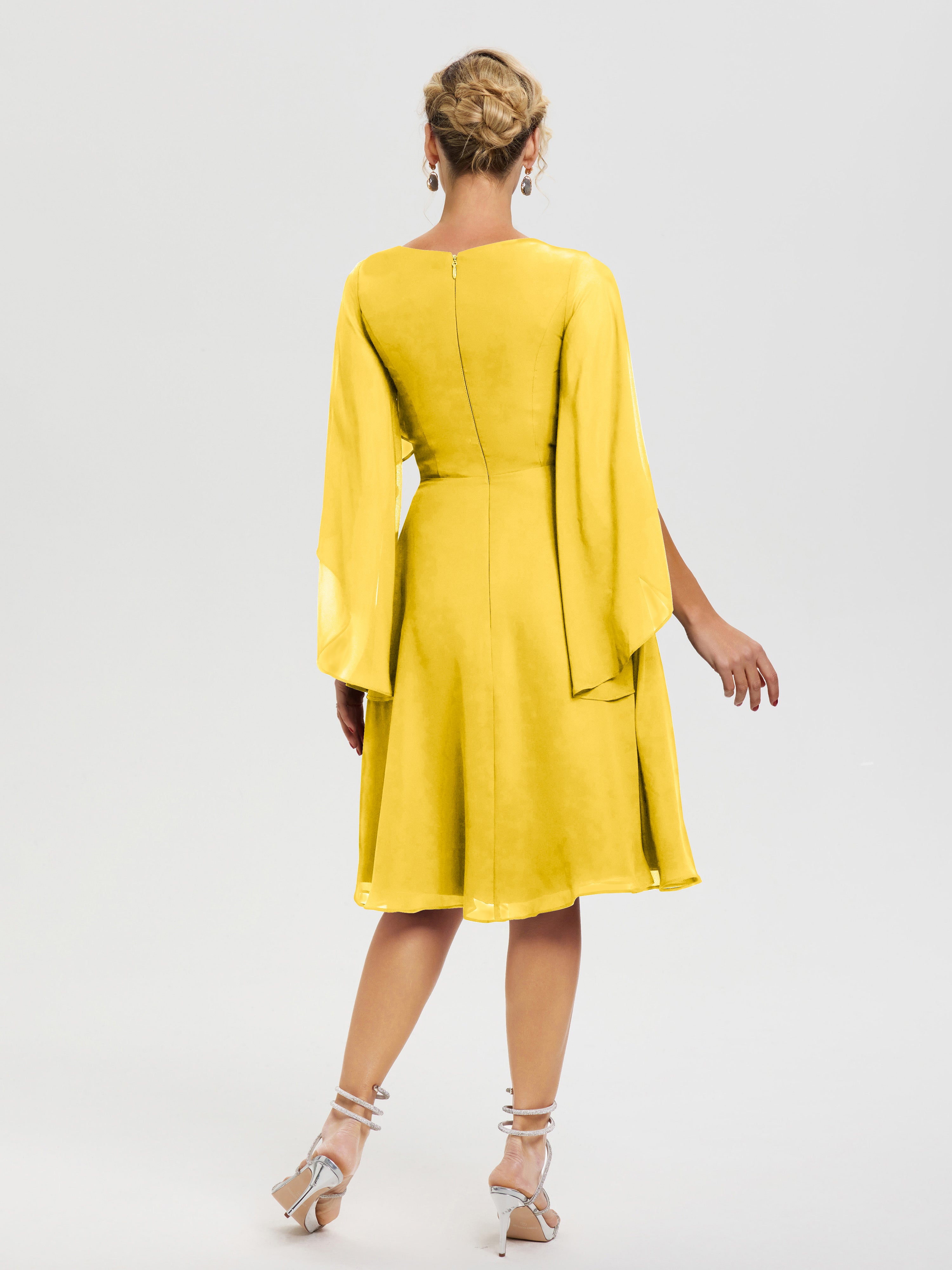 Robe De Cérémonie Mère Du Marié Souci Manches Asymétrique Col V Mousseline Robe Mère Marié