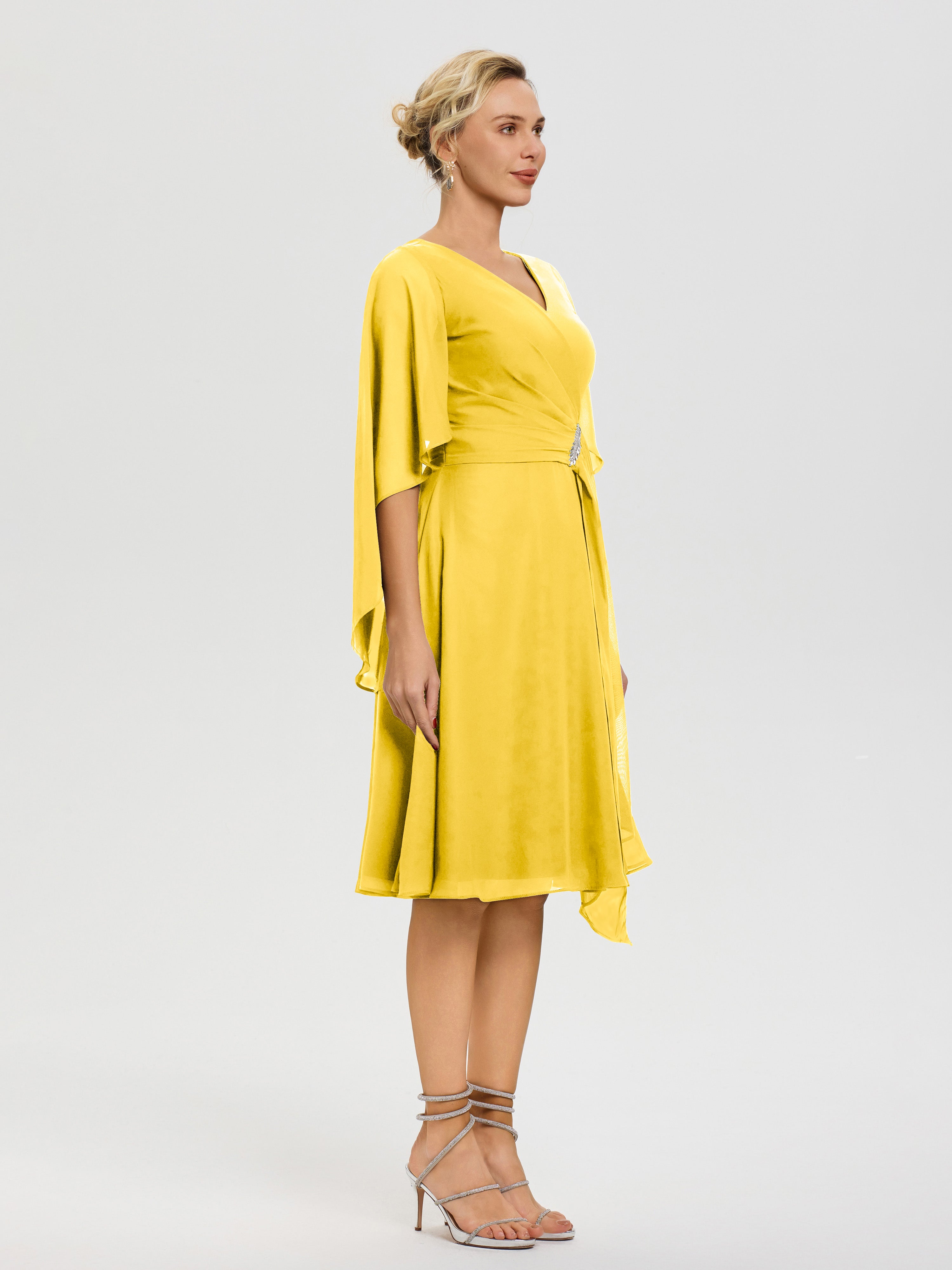 Robe De Cérémonie Mère Du Marié Souci Manches Asymétrique Col V Mousseline Robe Mère Marié