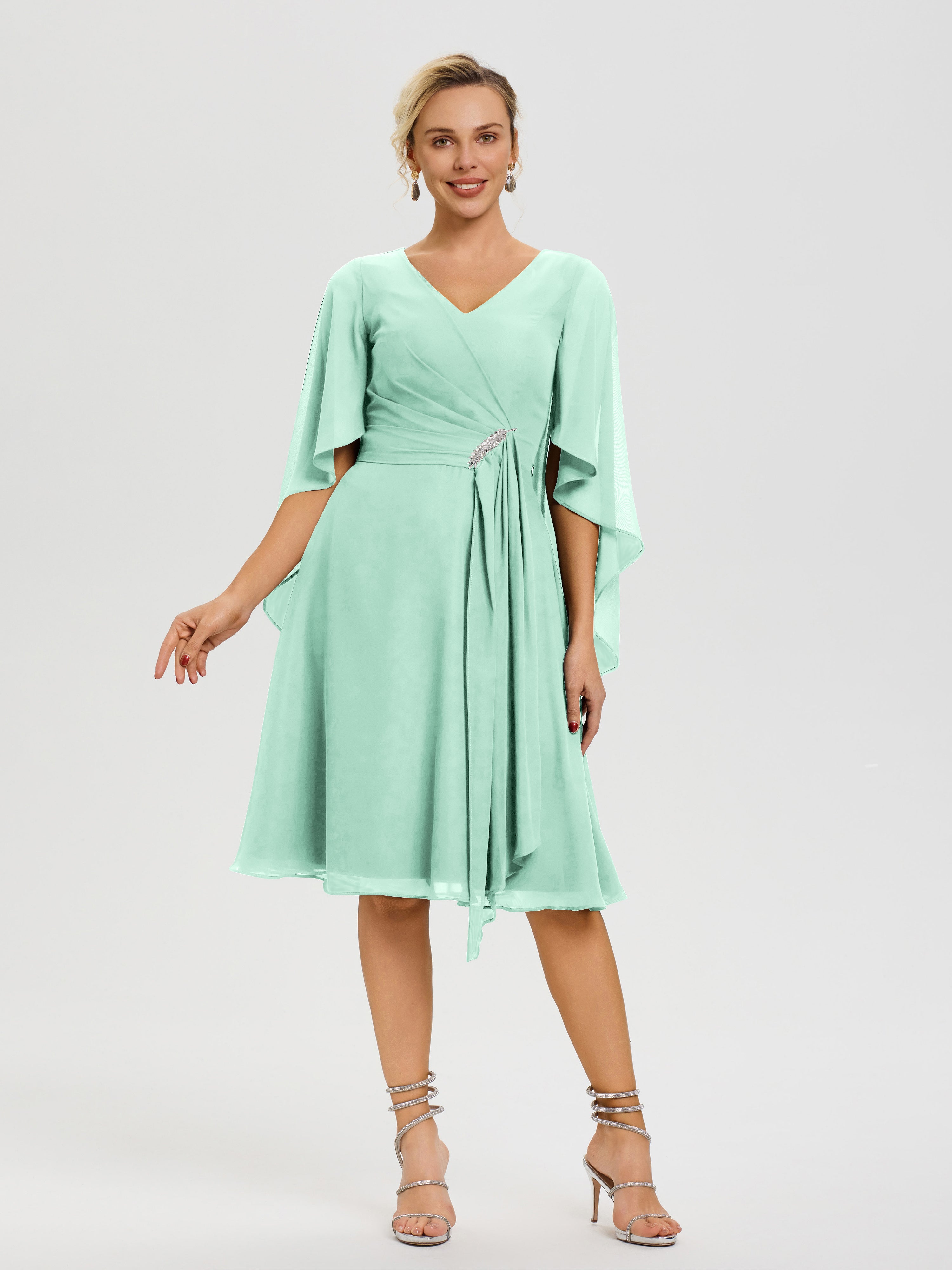 Robe De Cérémonie Mère De La Mariée Vert Menthe Manches Asymétrique Col V Mousseline Robe Mère Marié