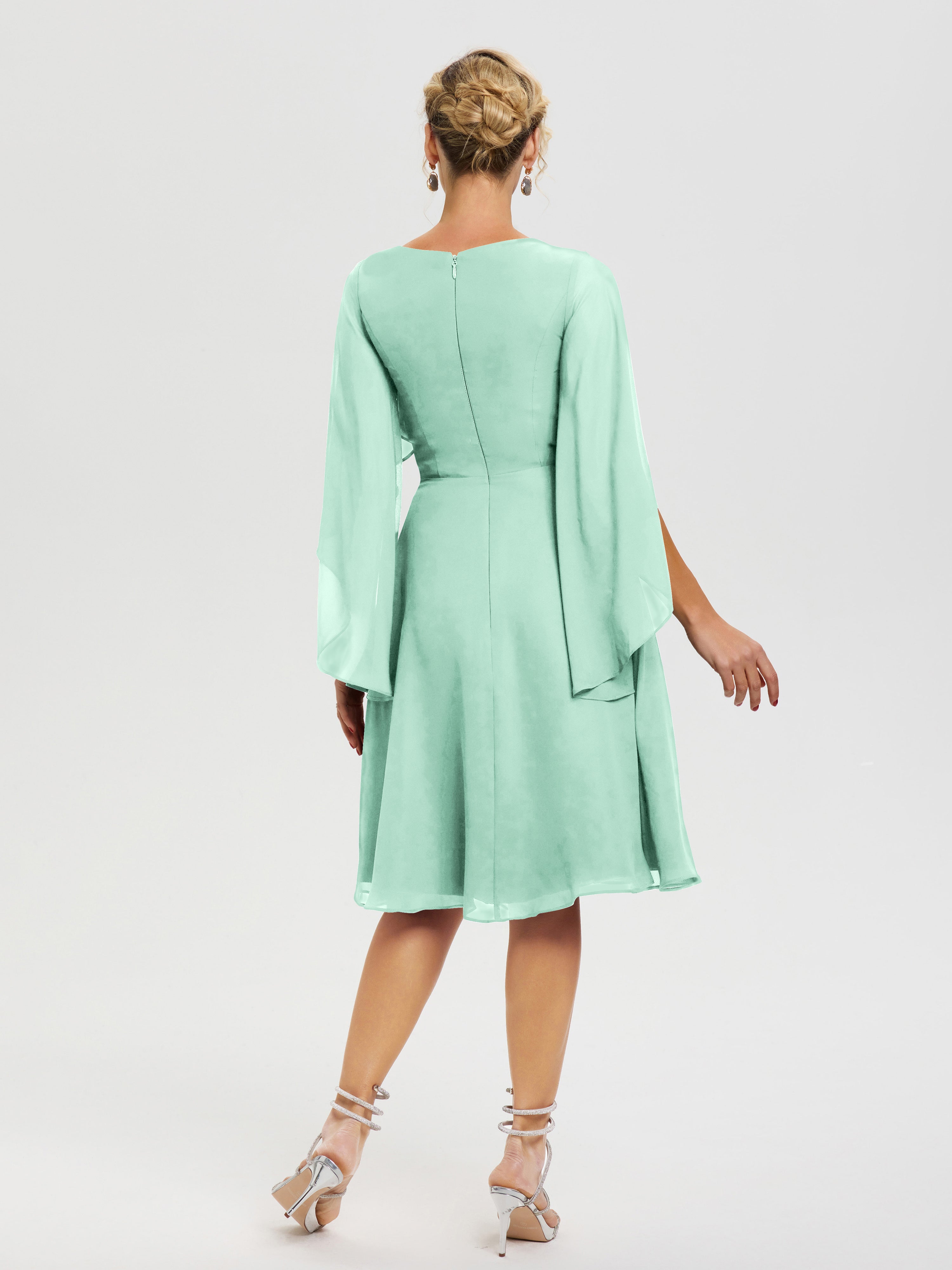 Robe De Cérémonie Mère De La Mariée Vert Menthe Manches Asymétrique Col V Mousseline Robe Mère Marié