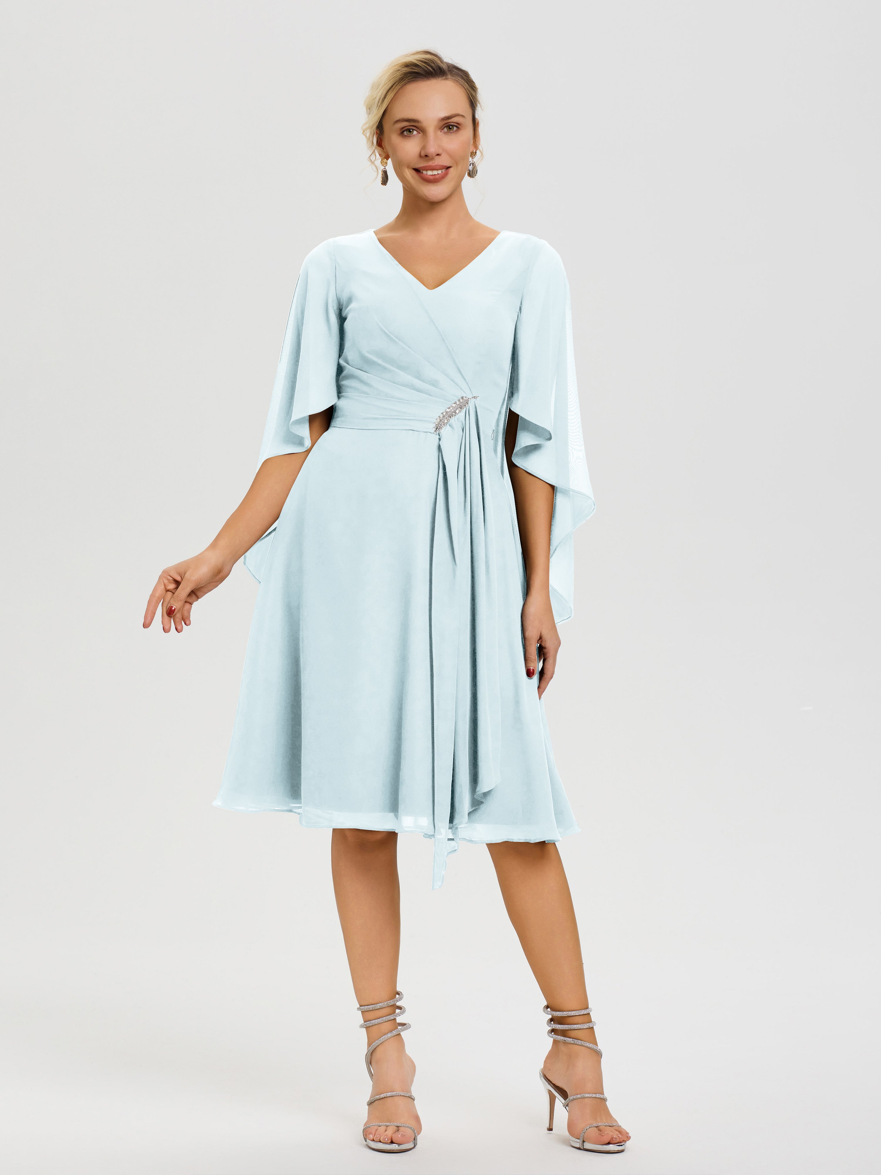 Robe De Cérémonie Mère Du Marié Brume Manches-Asymetrique-Col-V-Mousseline-Robe-Mere-Marie