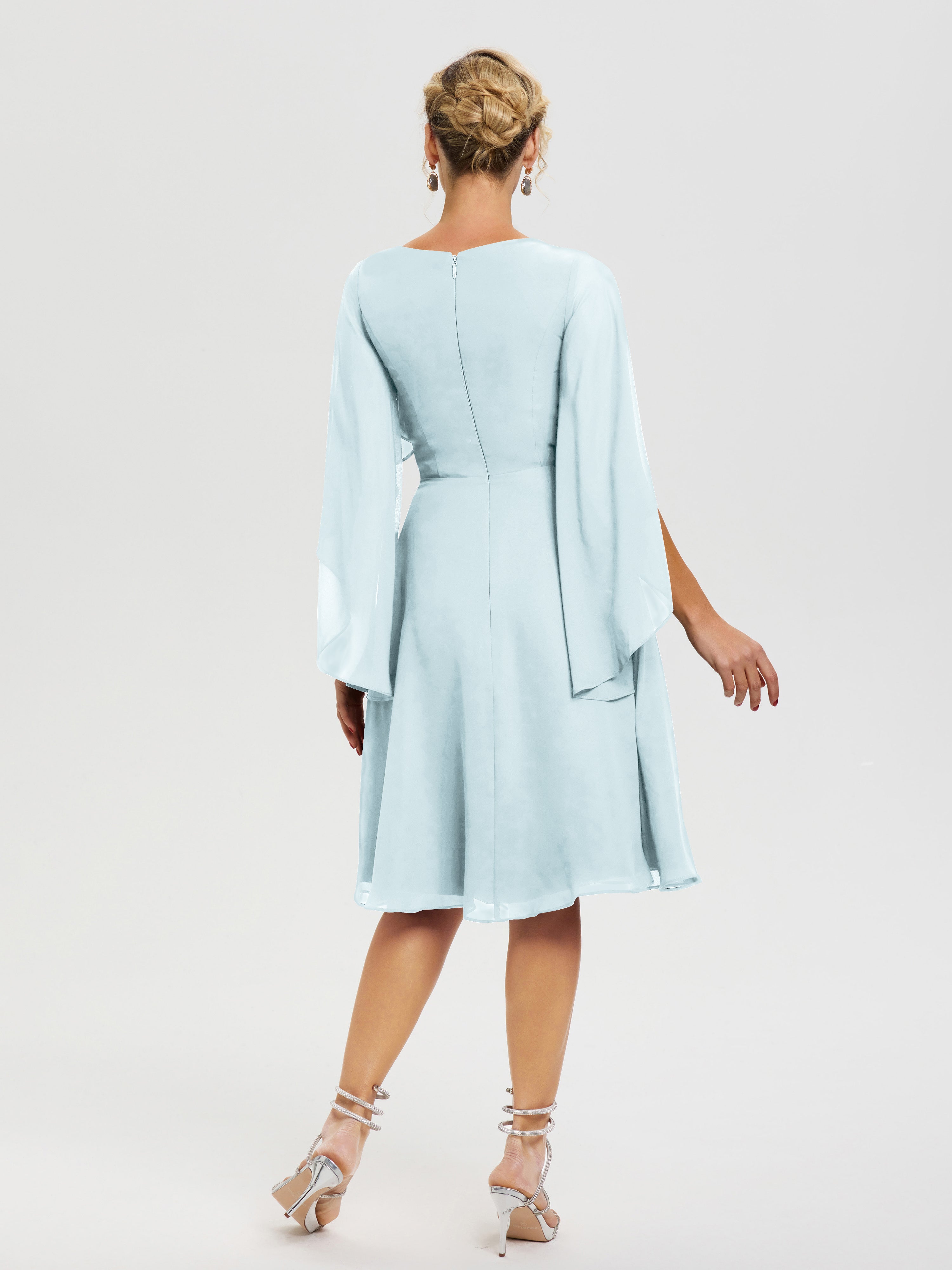 Robe De Cérémonie Mère Du Marié Brume Manches-Asymetrique-Col-V-Mousseline-Robe-Mere-Marie
