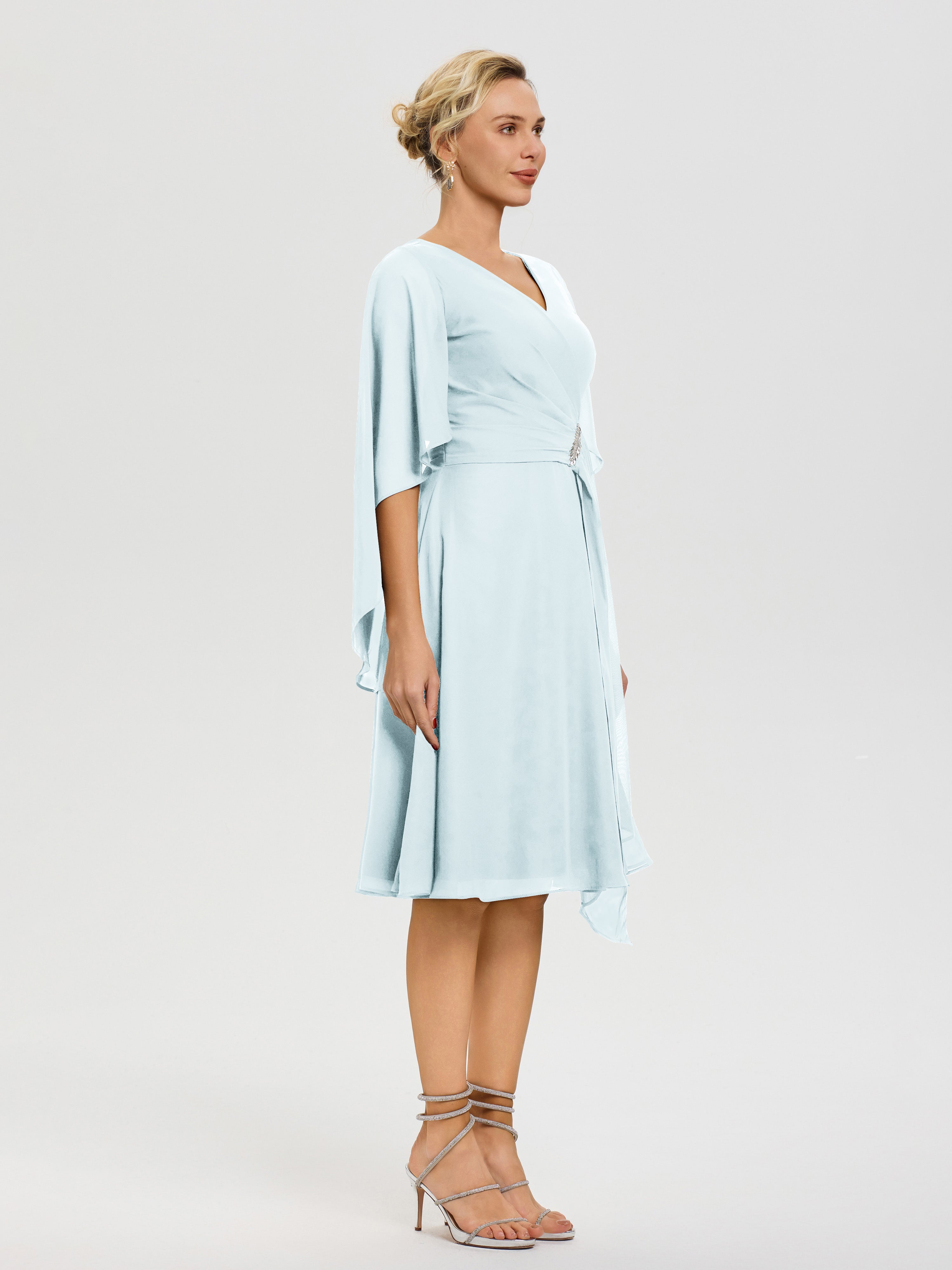 Robe De Cérémonie Mère Du Marié Brume Manches-Asymetrique-Col-V-Mousseline-Robe-Mere-Marie