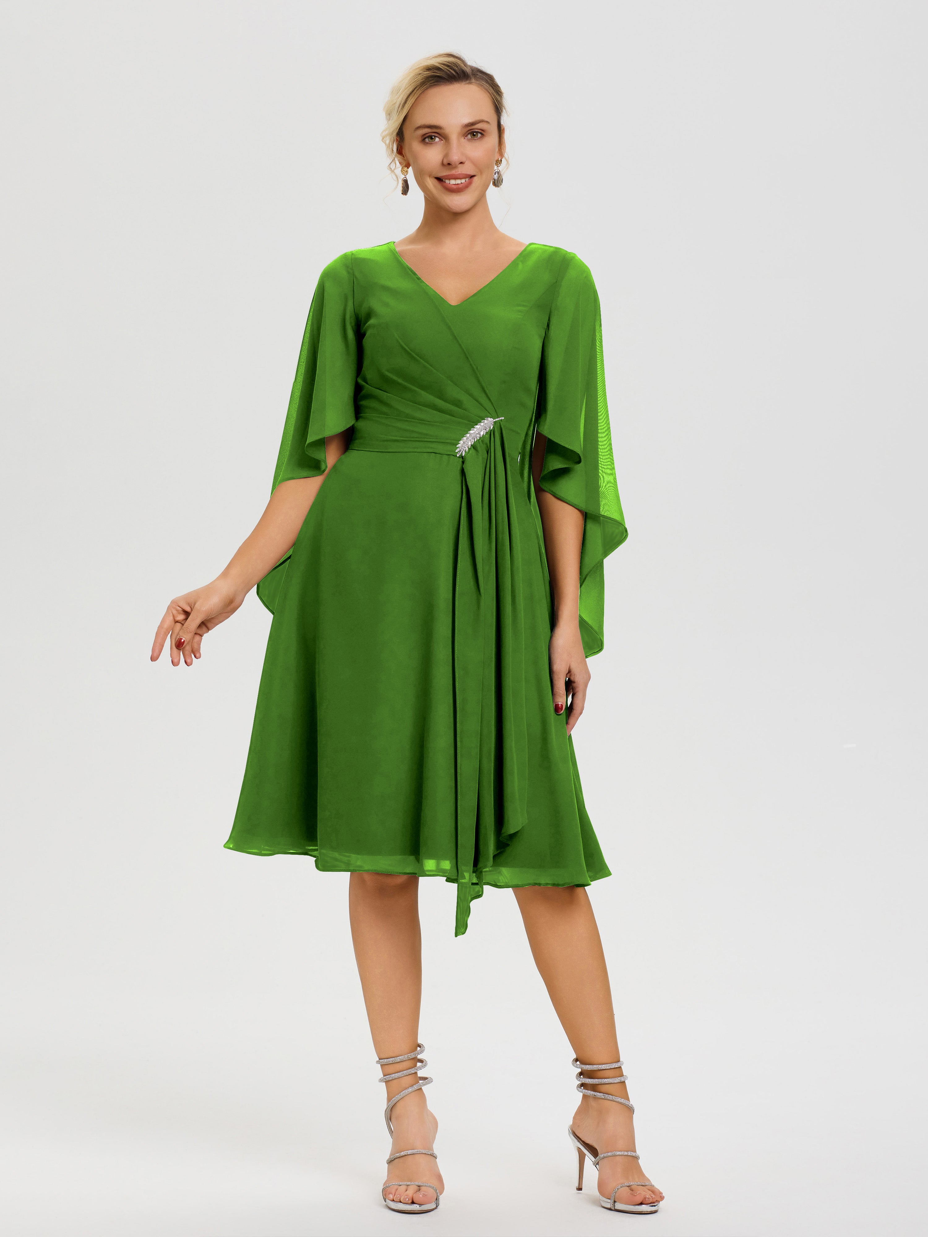 Robe De Cérémonie Mère Du Marié Mousse Manches Asymétrique Col V Mousseline Robe Mère Marié