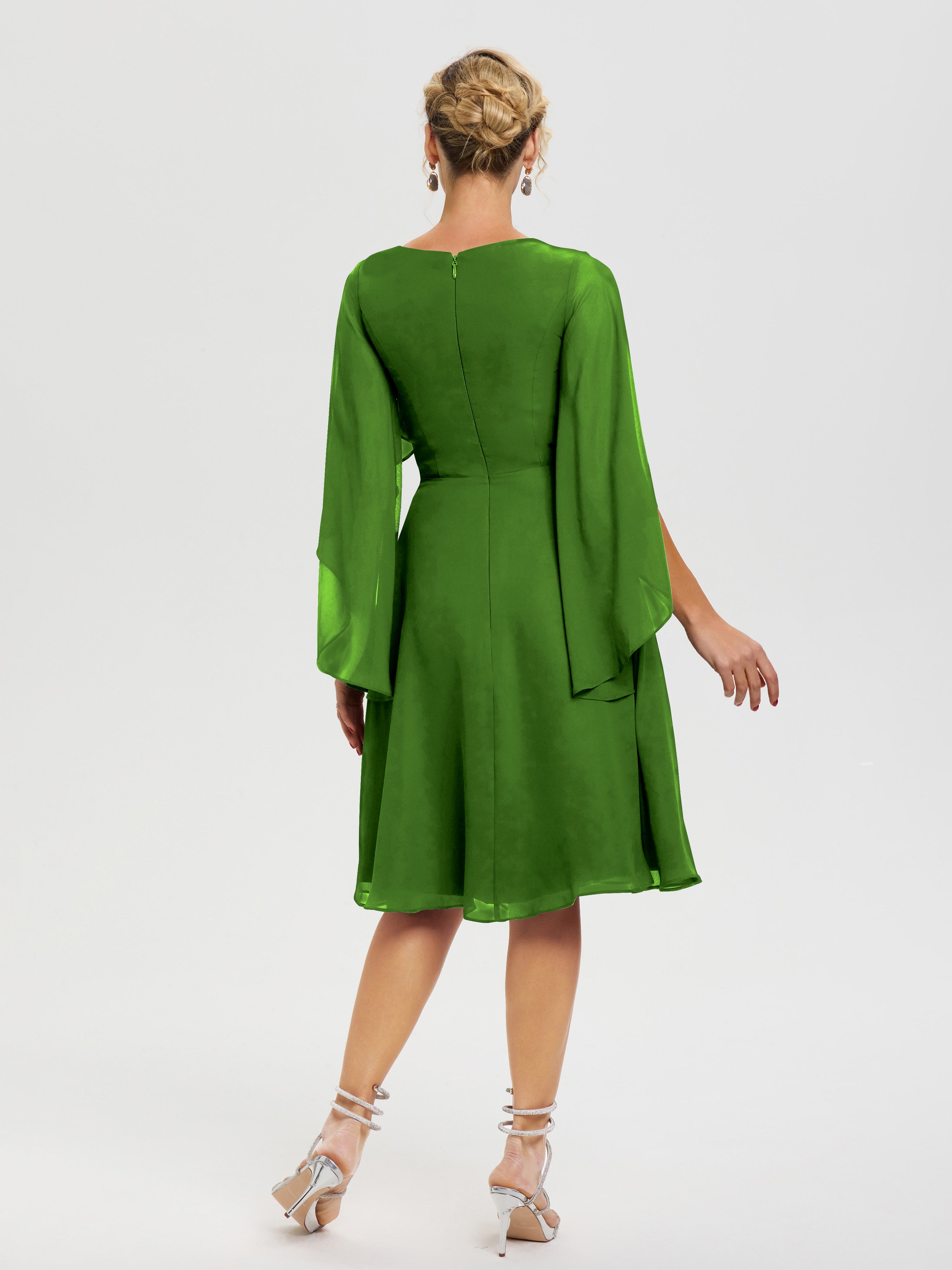 Robe De Cérémonie Mère Du Marié Mousse Manches Asymétrique Col V Mousseline Robe Mère Marié