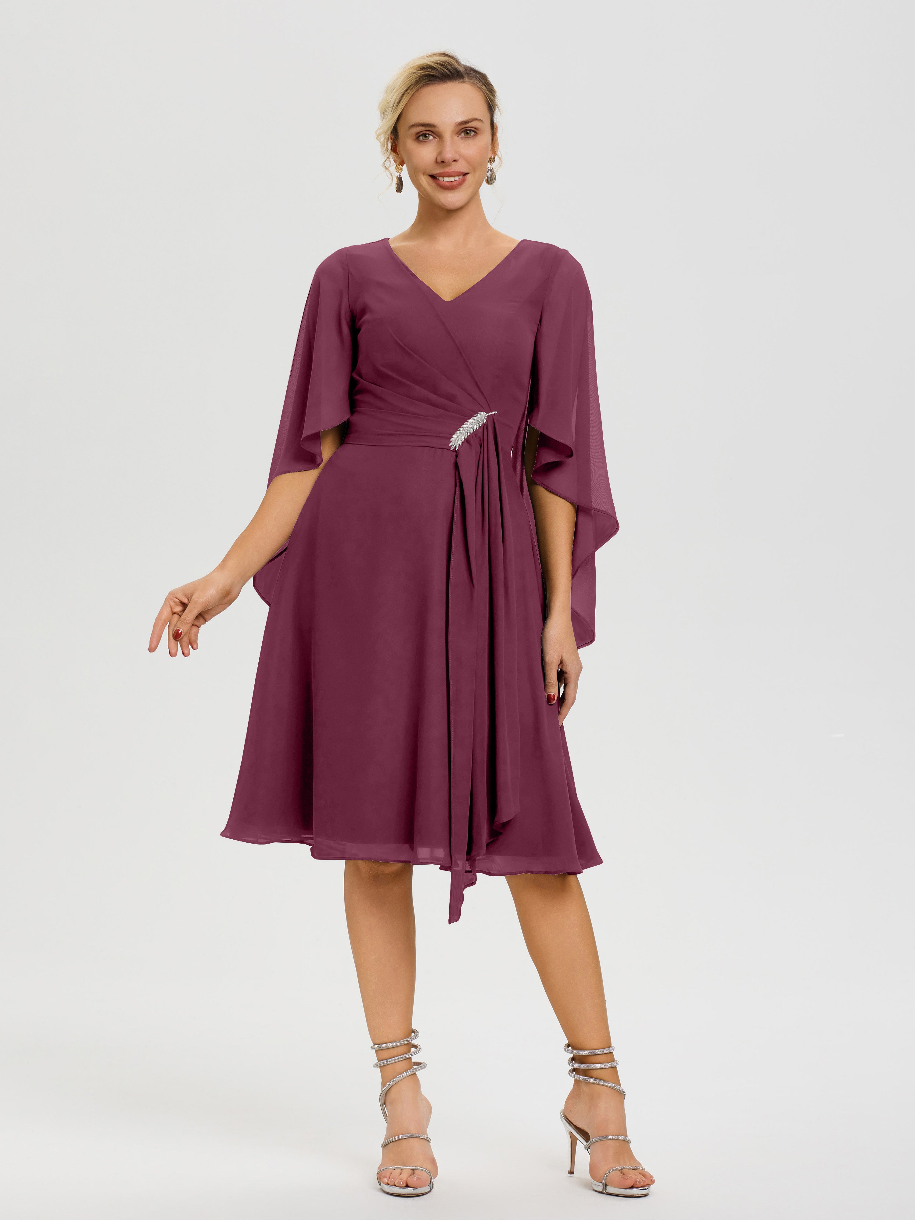Robe Pour La Mère Du Marié Mure Manches Asymétrique Col V Mousseline Robe Mère Marié