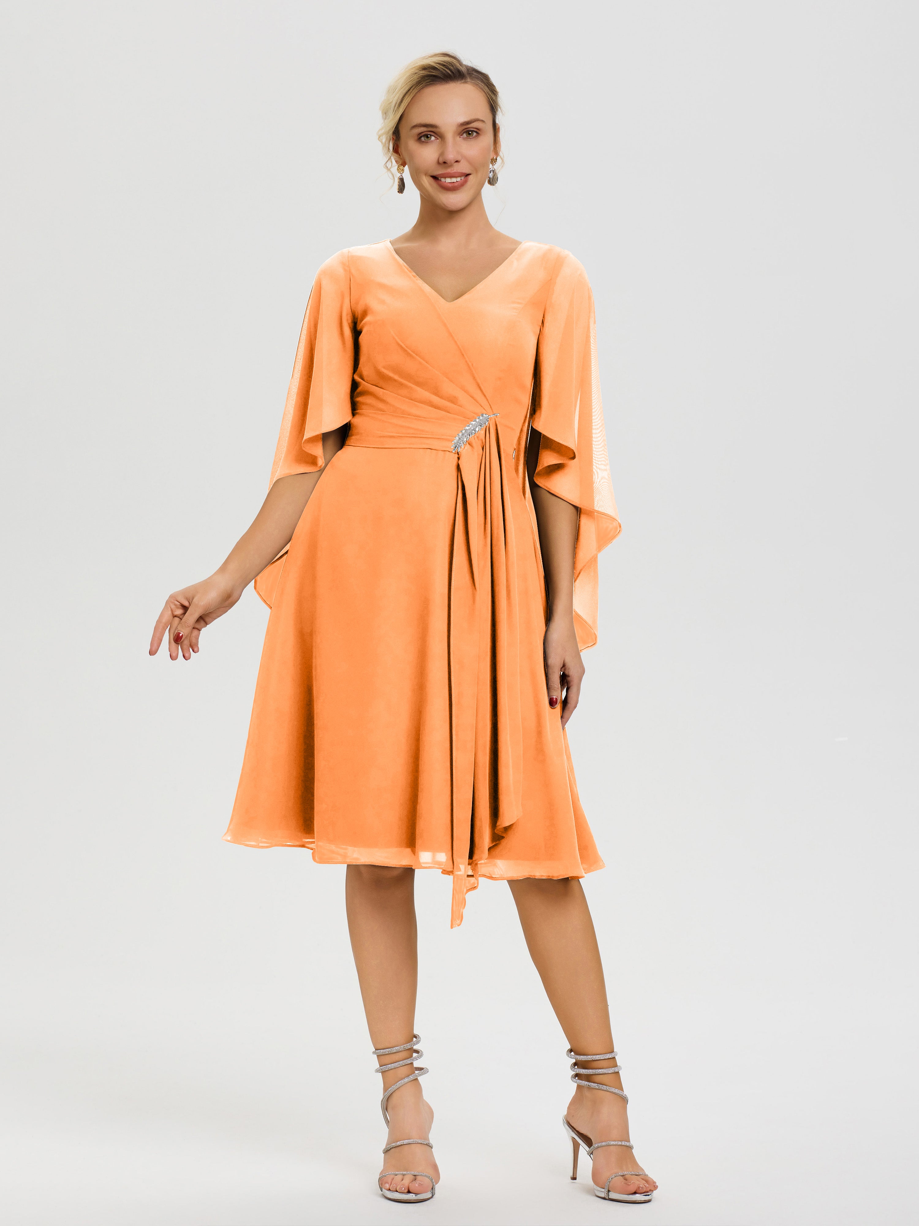 Robe Pour La Mère Du Marié Orange Manches Asymétrique Col V Mousseline Robe Mère Marié