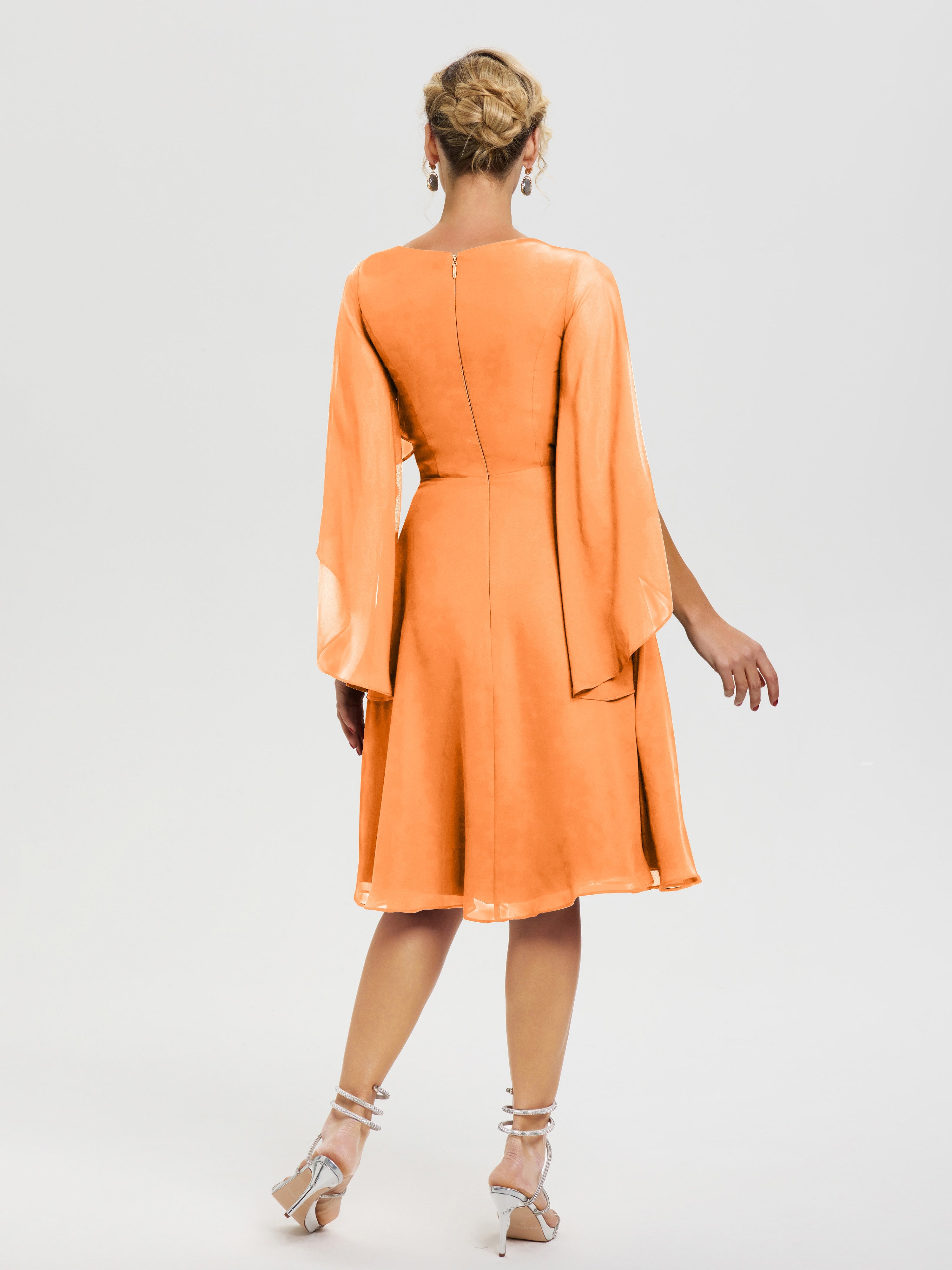Robe Pour La Mère Du Marié Orange Manches Asymétrique Col V Mousseline Robe Mère Marié