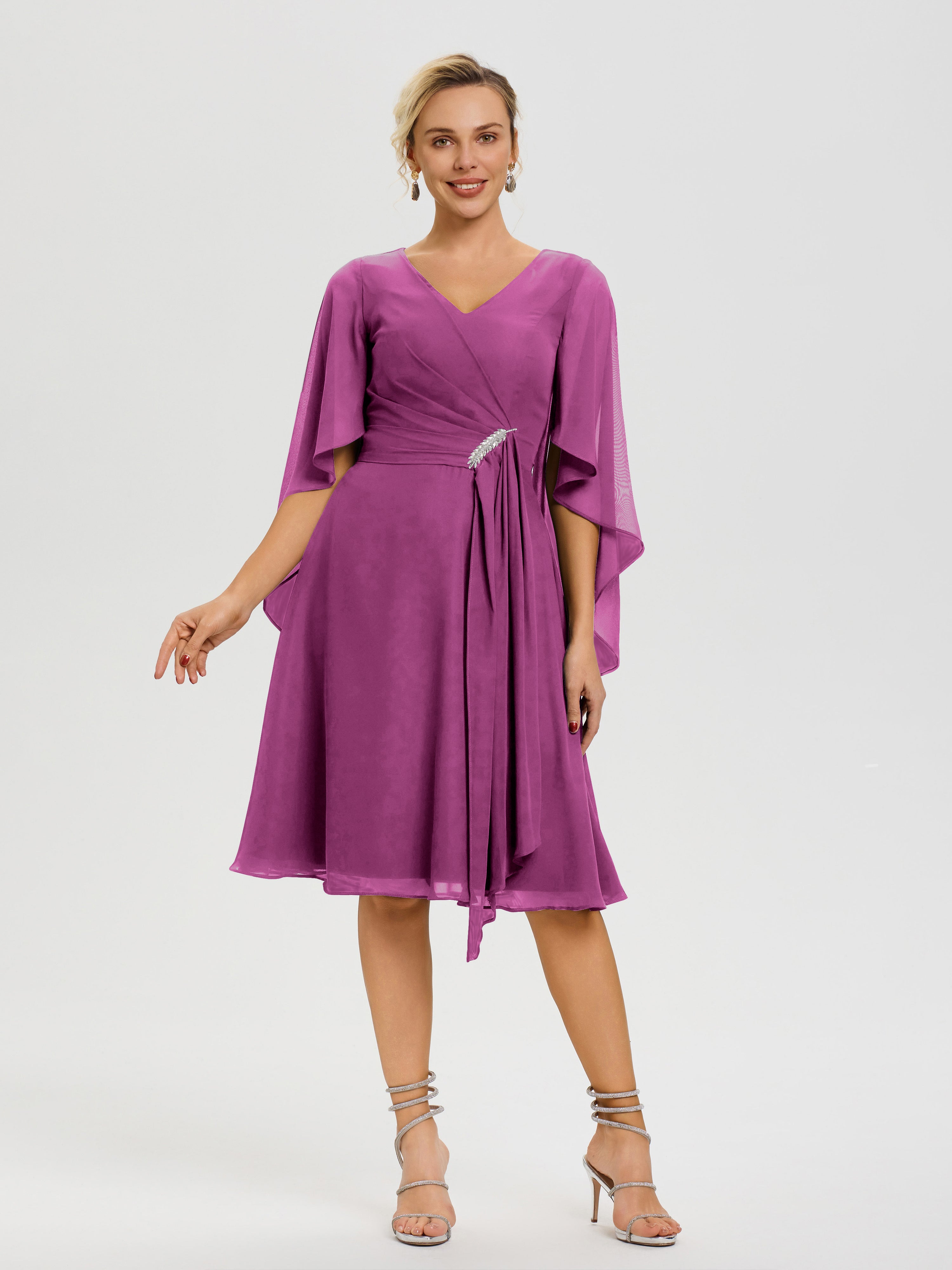 Robe Pour La Mère Du Marié Orchidée Manches Asymétrique Col V Mousseline Robe Mère Marié