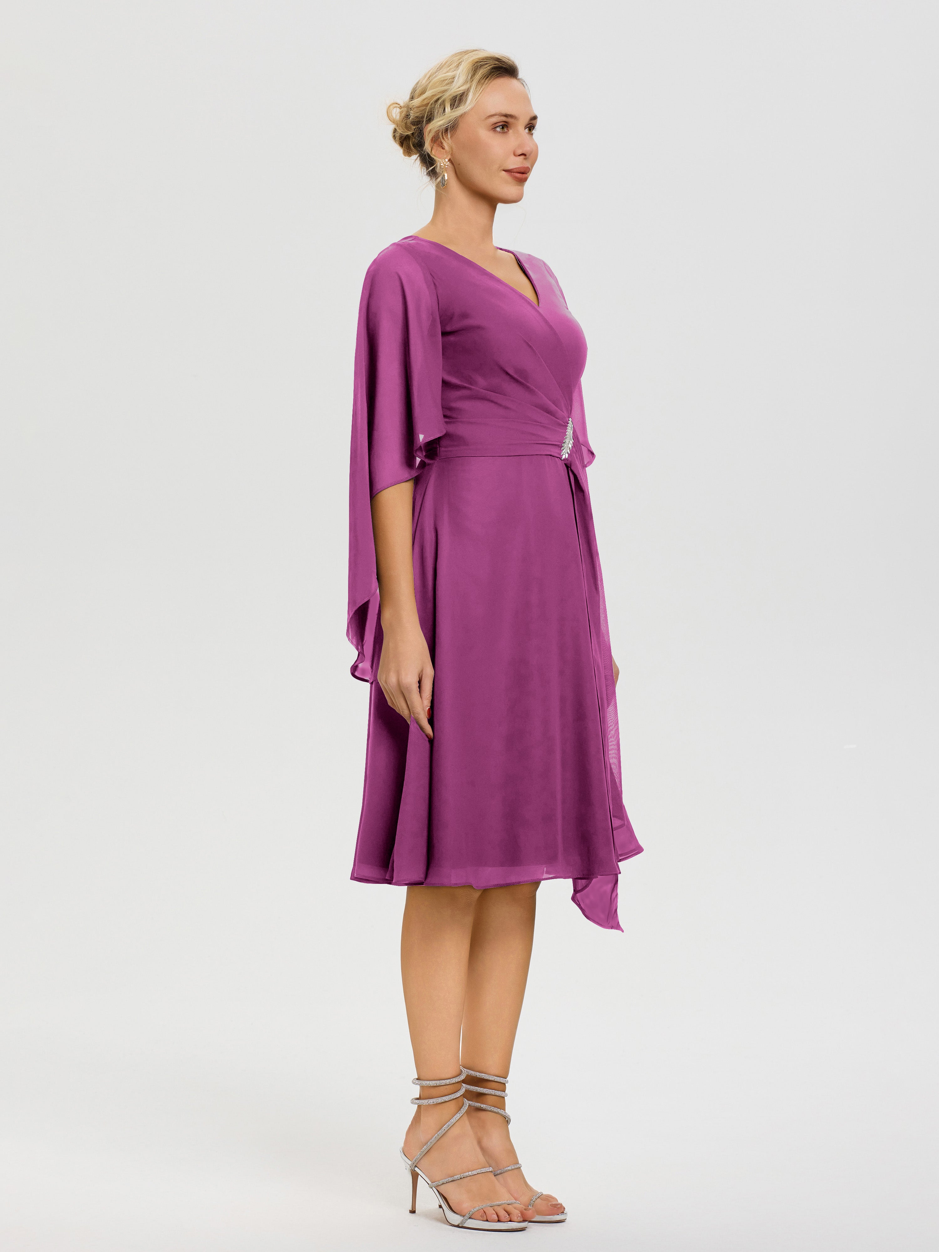 Robe Pour La Mère Du Marié Orchidée Manches Asymétrique Col V Mousseline Robe Mère Marié