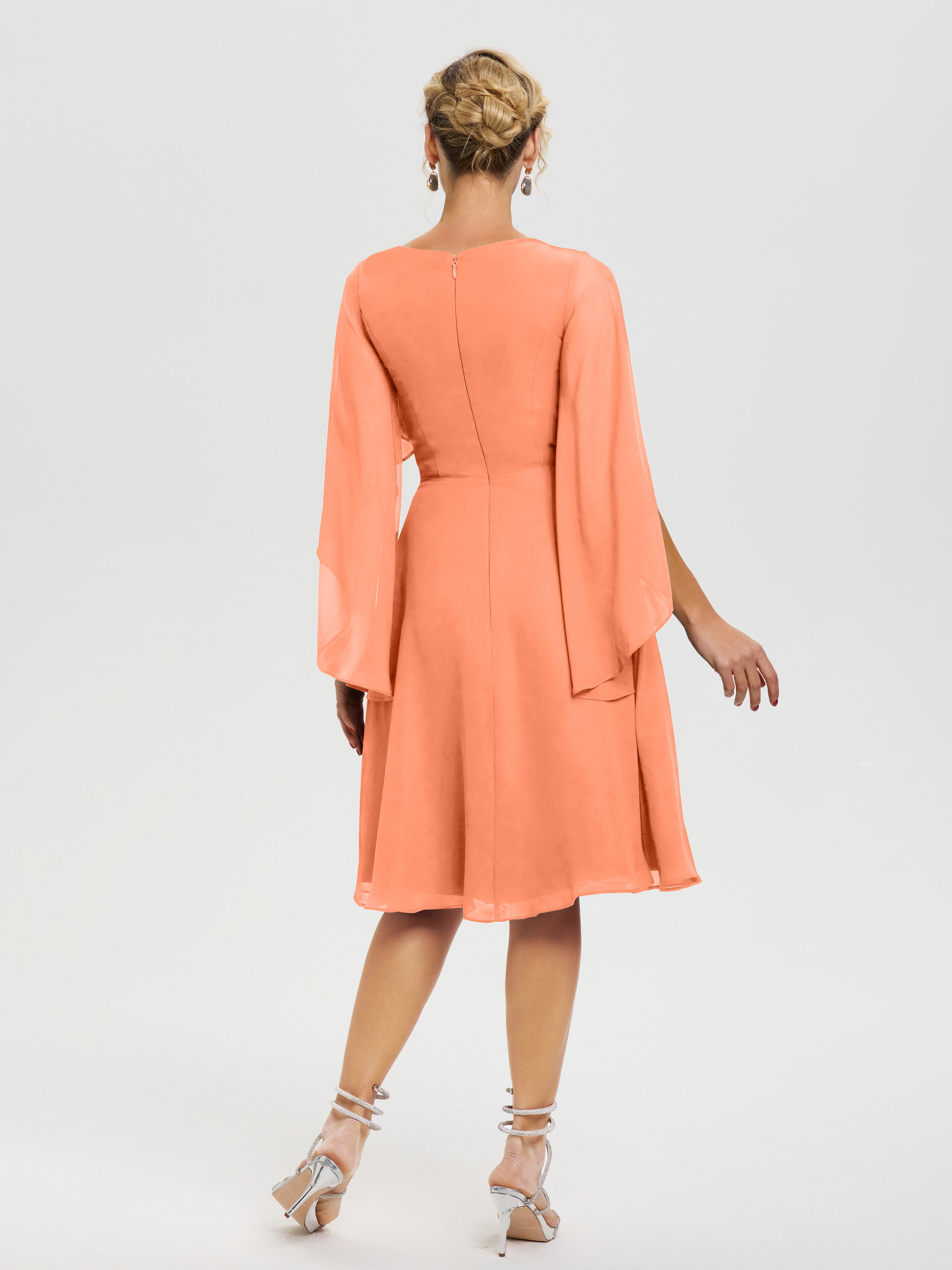 Robe Pour La Mère Du Marié Papaye Manches Asymétrique Col V Mousseline Robe Mère Marié