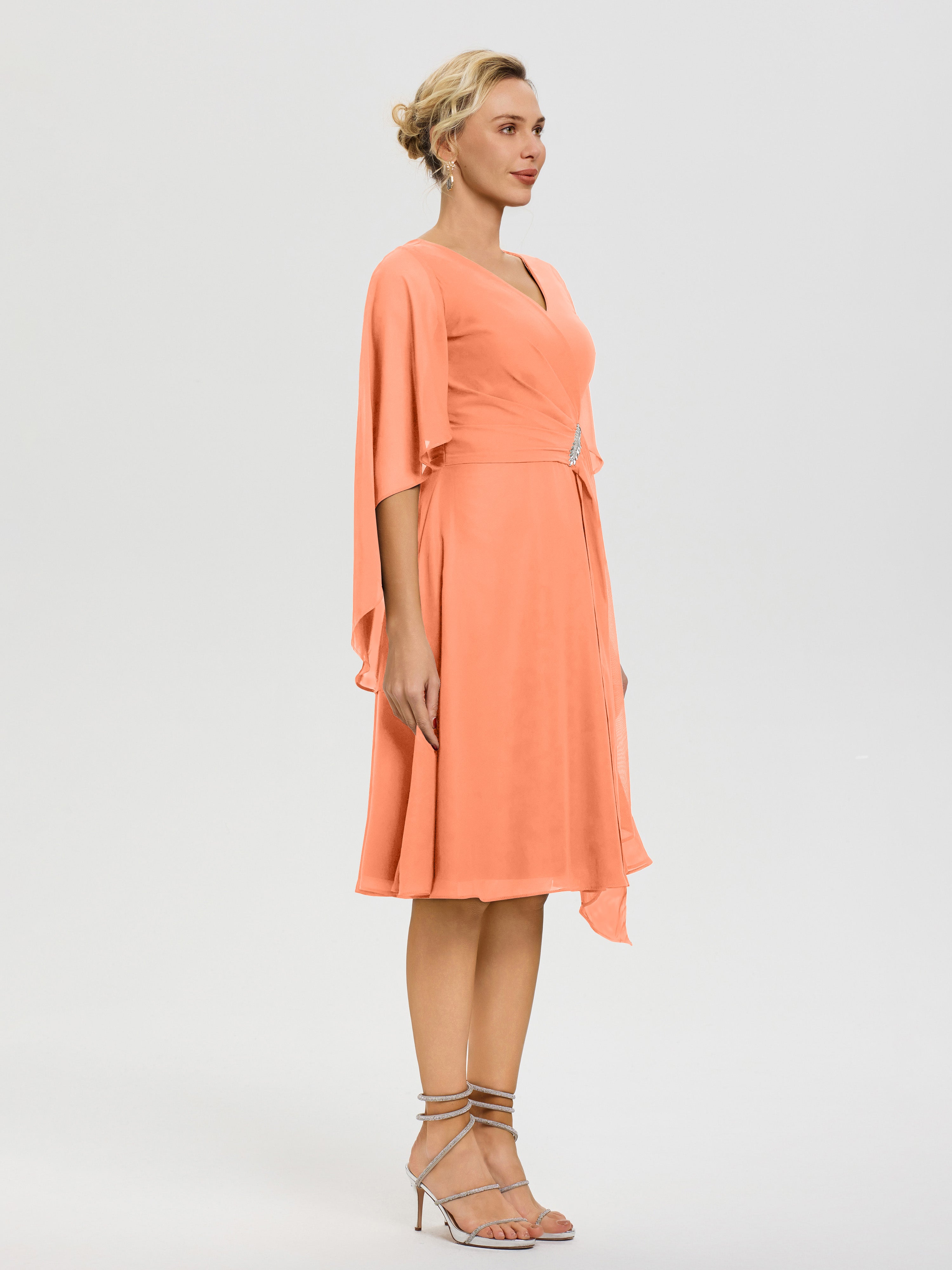 Robe Pour La Mère Du Marié Papaye Manches Asymétrique Col V Mousseline Robe Mère Marié