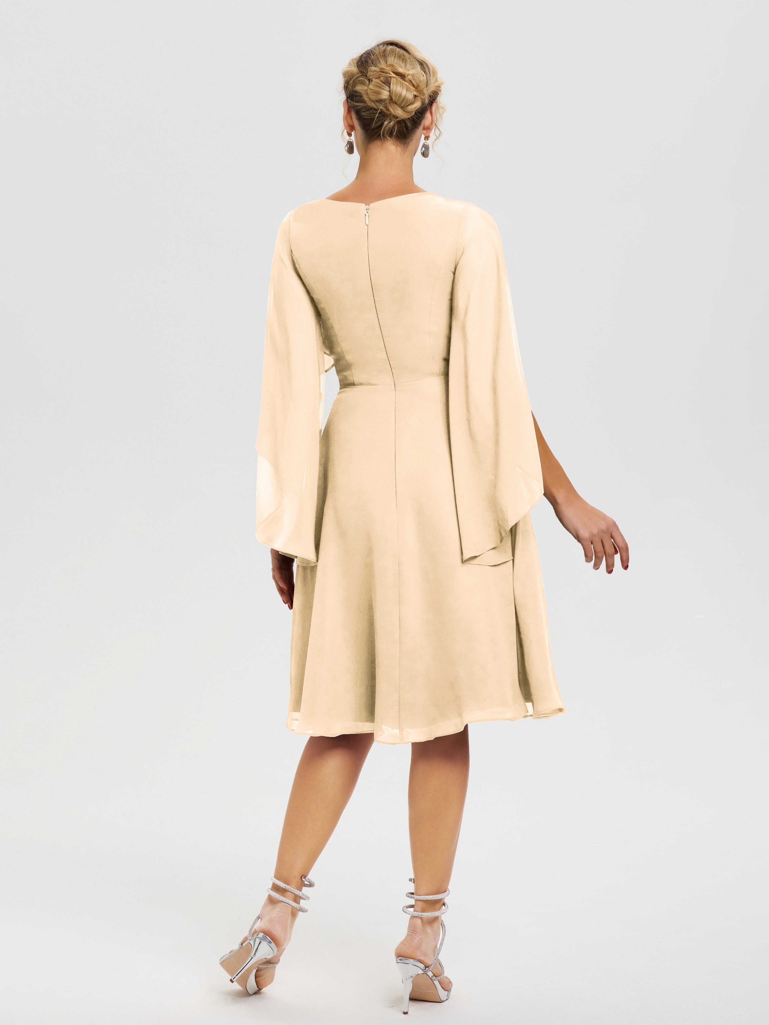 Robe De Cérémonie Mère Du Marié Peche Manches Asymétrique Col V Mousseline Robe Mère Marié