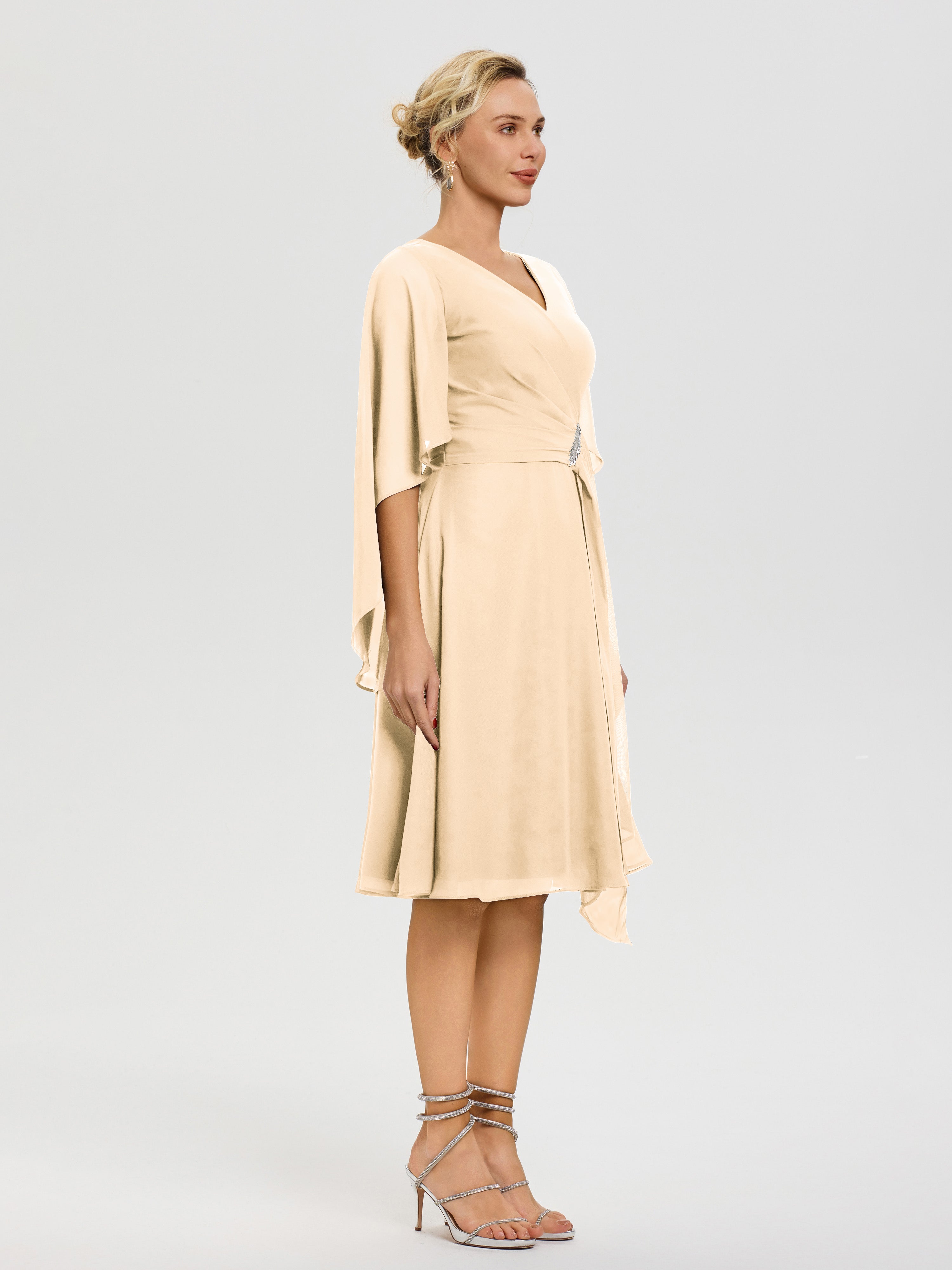 Robe De Cérémonie Mère Du Marié Peche Manches Asymétrique Col V Mousseline Robe Mère Marié