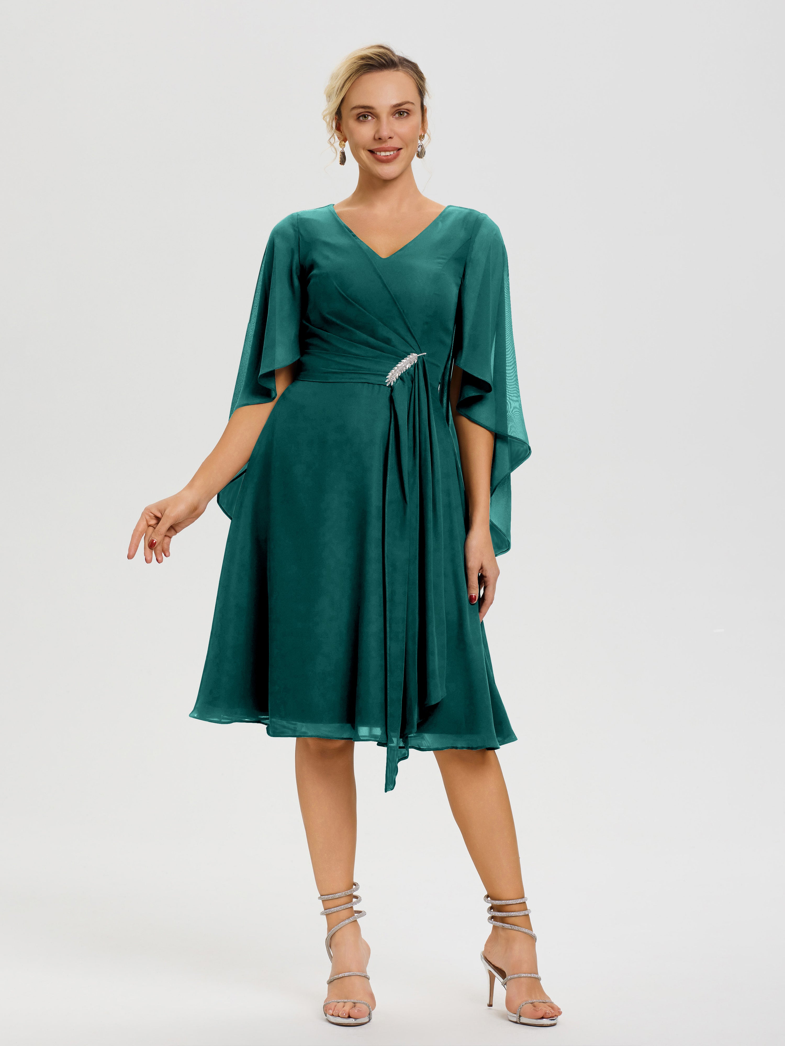 Robe Pour La Mère Du Marié Paon Manches Asymétrique Col V Mousseline Robe Mère Marié