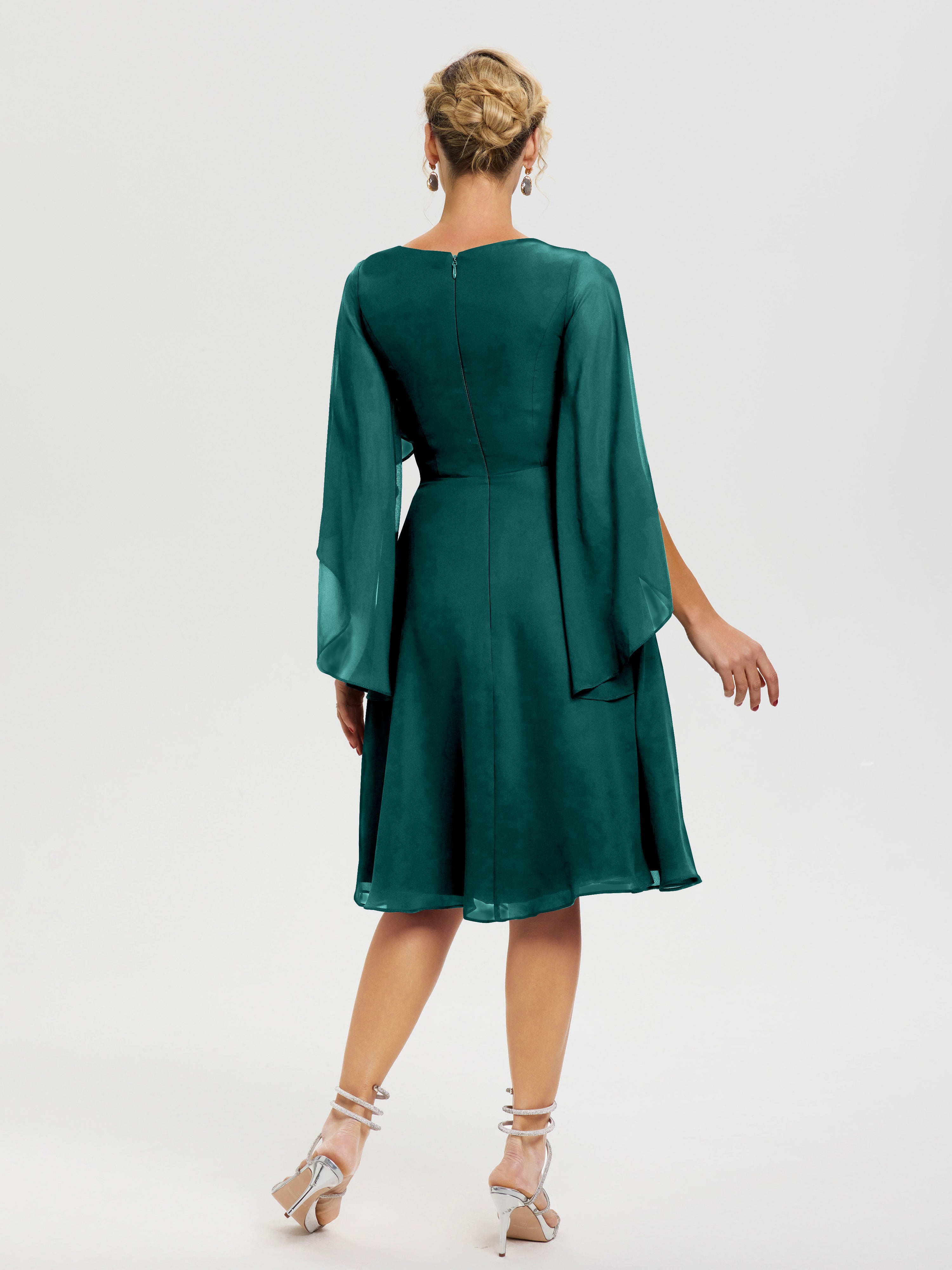 Robe Pour La Mère Du Marié Paon Manches Asymétrique Col V Mousseline Robe Mère Marié