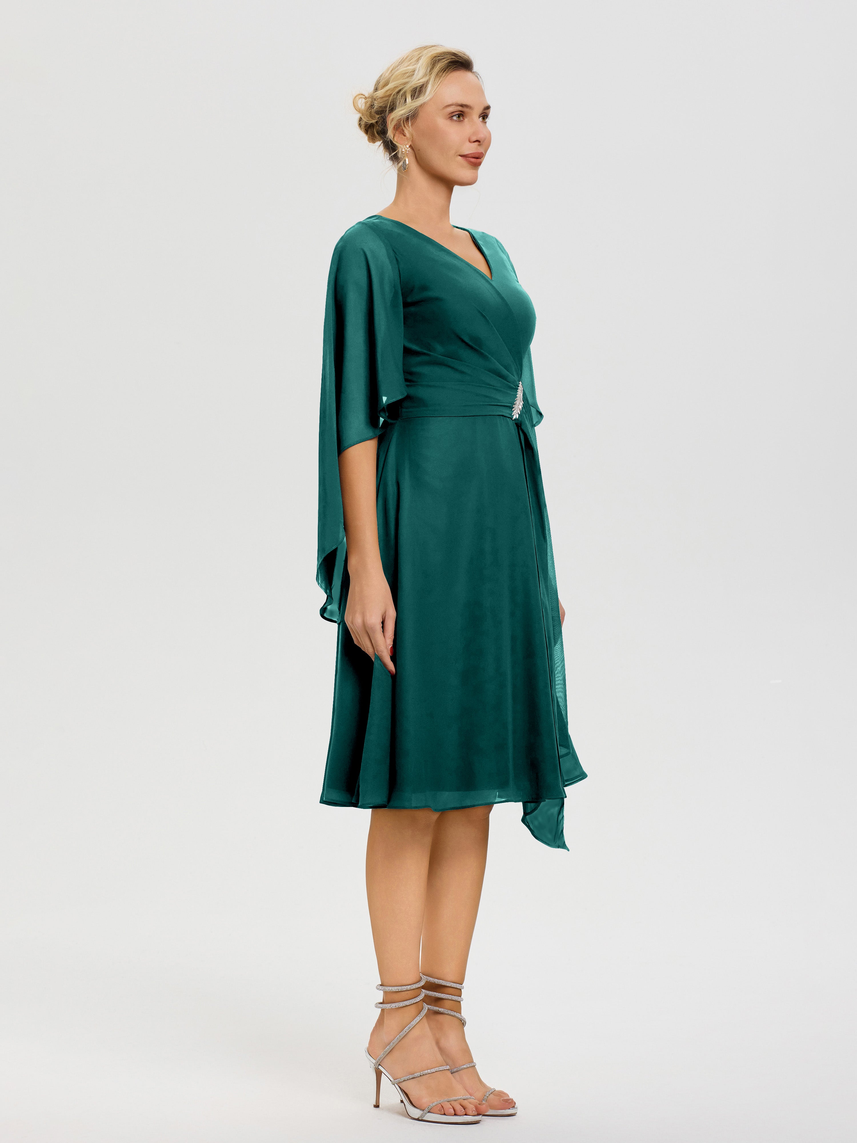 Robe Pour La Mère Du Marié Paon Manches Asymétrique Col V Mousseline Robe Mère Marié