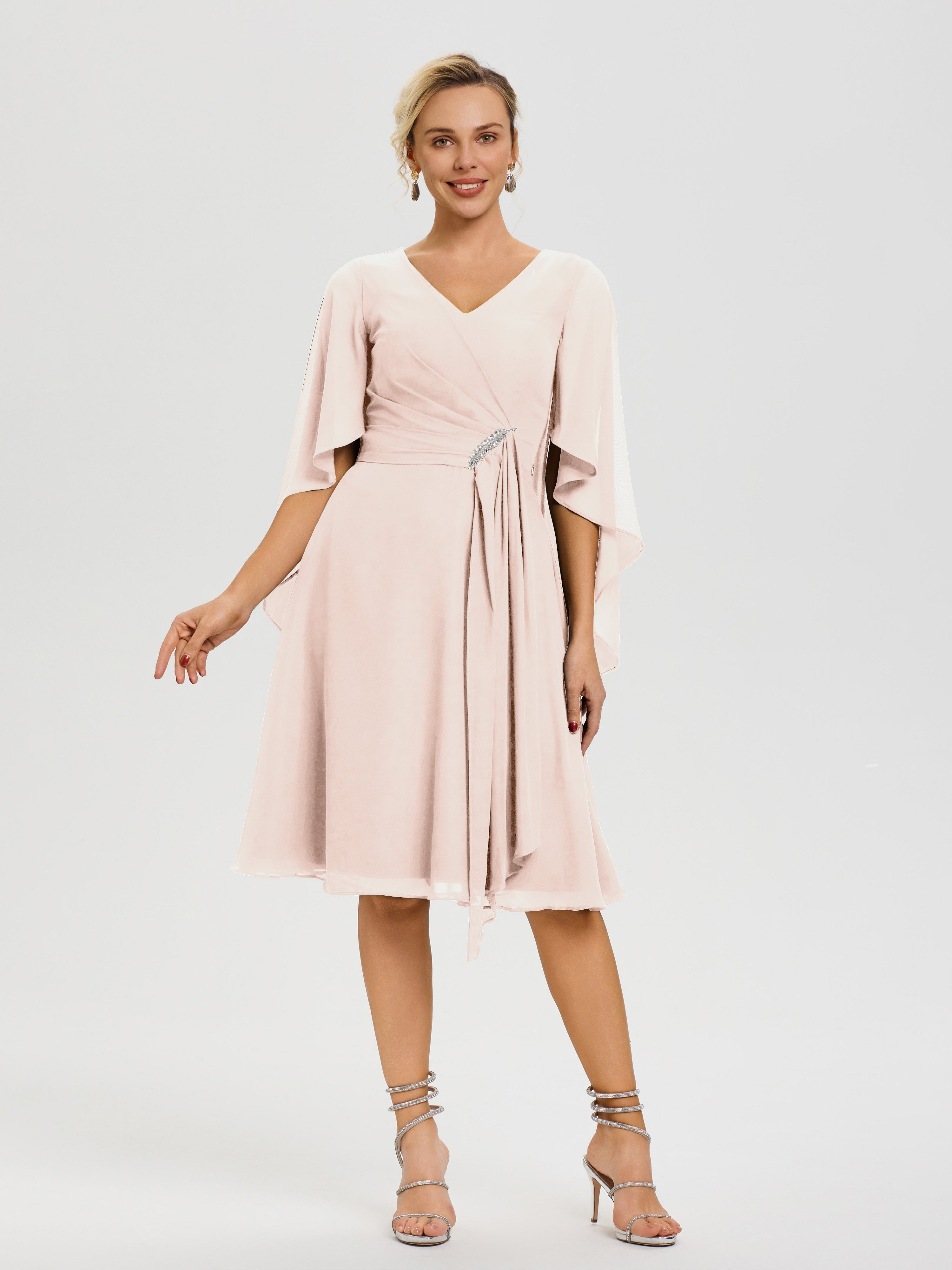 Robe Pour La Mère Du Marié Rose Perle Manches Asymétrique Col V Mousseline Robe Mère Marié