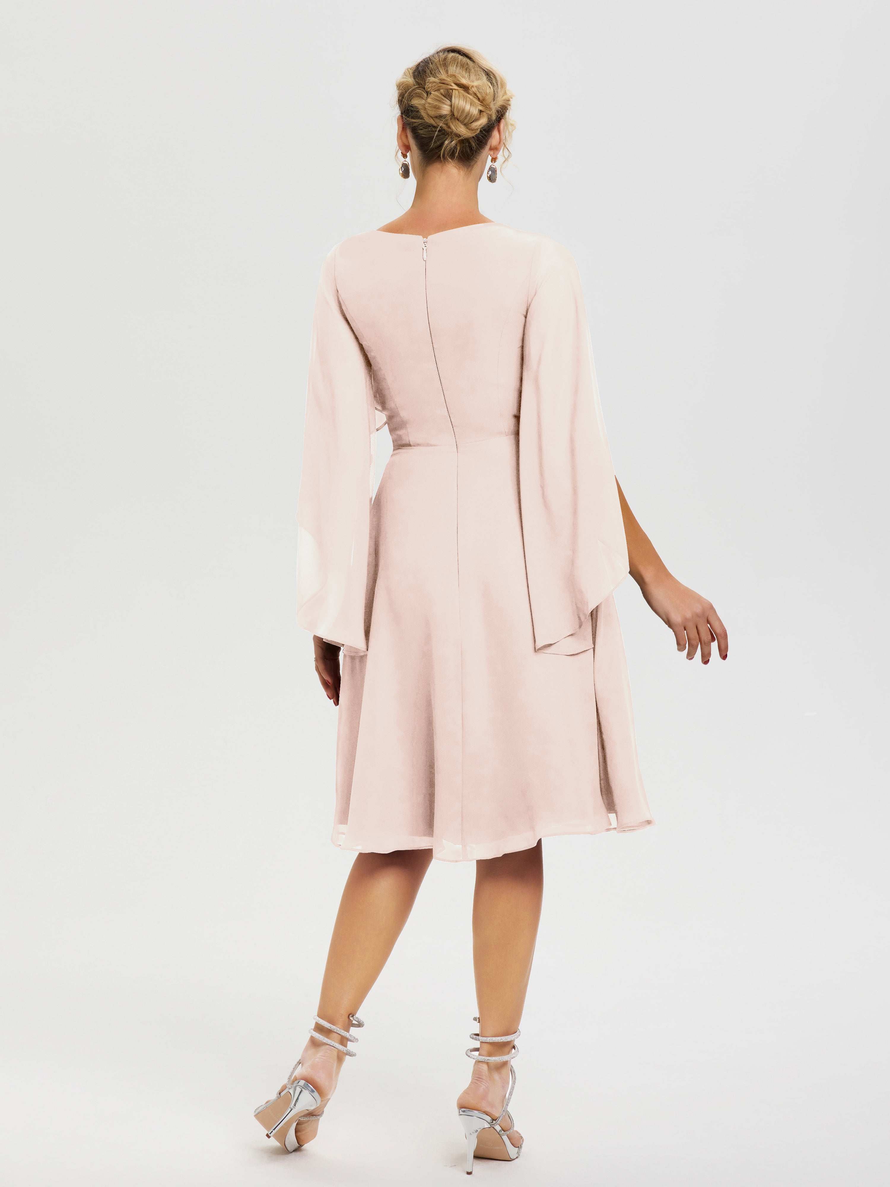 Robe Pour La Mère Du Marié Rose Perle Manches Asymétrique Col V Mousseline Robe Mère Marié