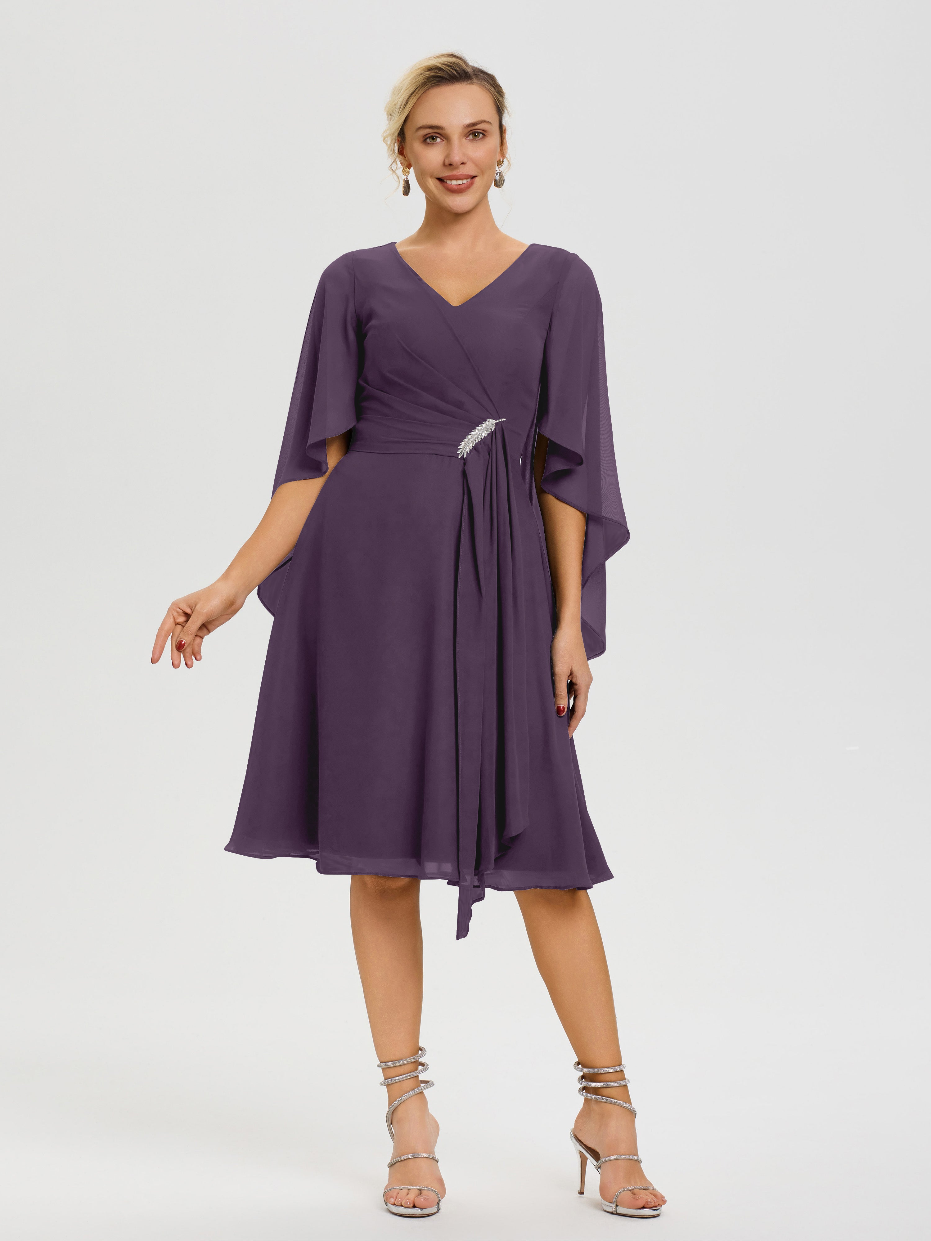 Robe Pour La Mère Du Marié Plum Manches Asymétrique Col V Mousseline Robe Mère Marié