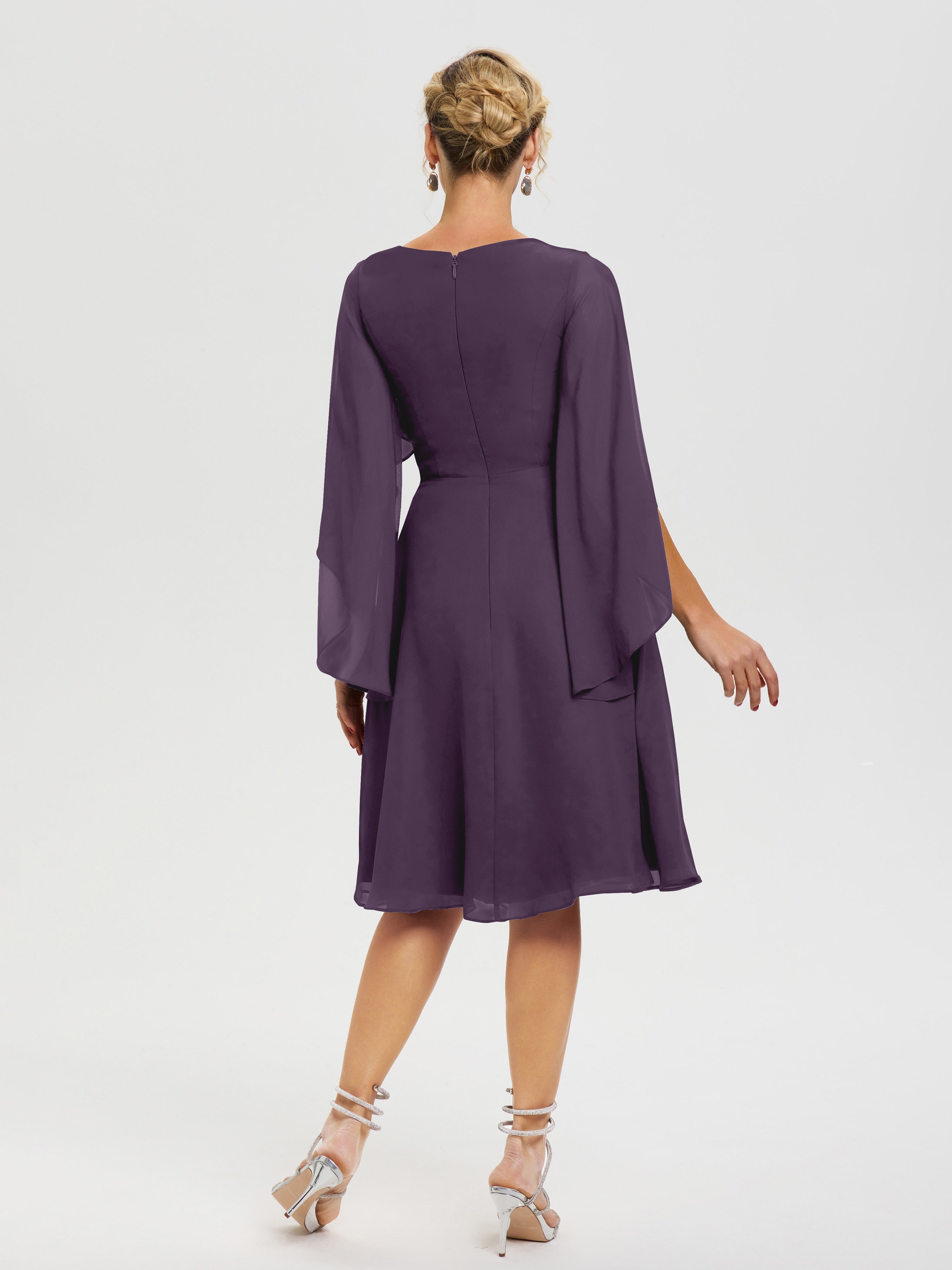 Robe Pour La Mère Du Marié Plum Manches Asymétrique Col V Mousseline Robe Mère Marié