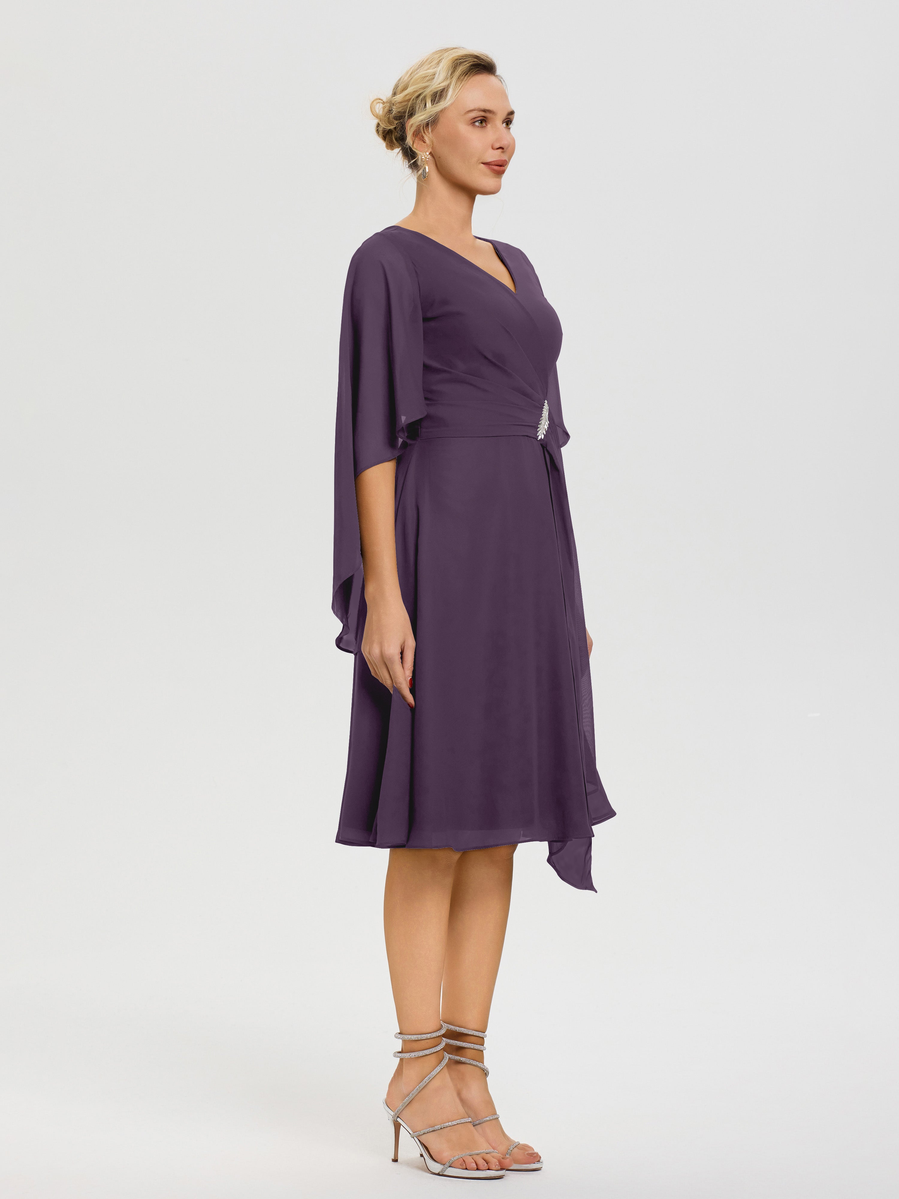 Robe Pour La Mère Du Marié Plum Manches Asymétrique Col V Mousseline Robe Mère Marié