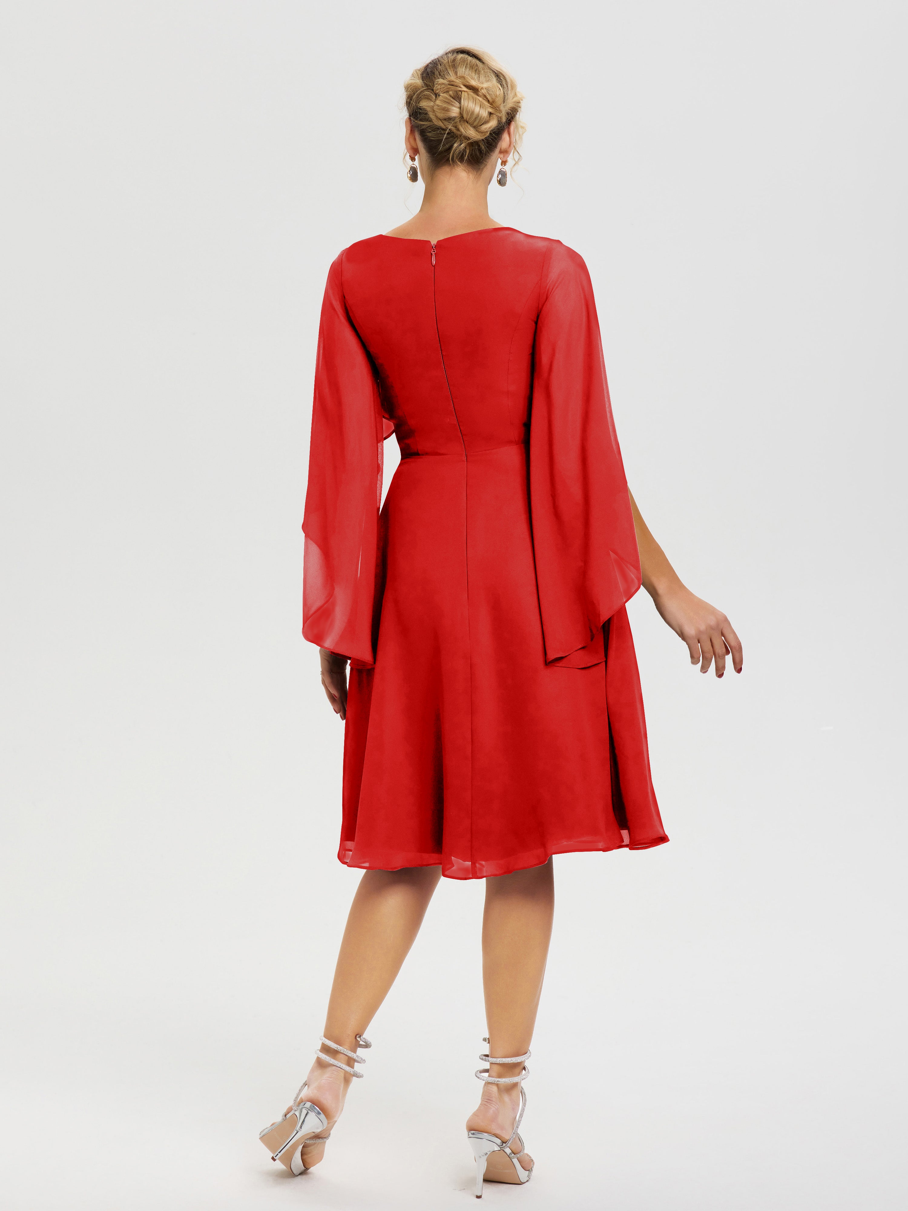 Robe Pour La Mère Du Marié Rouge Manches Asymétrique Col V Mousseline Robe Mère Marié
