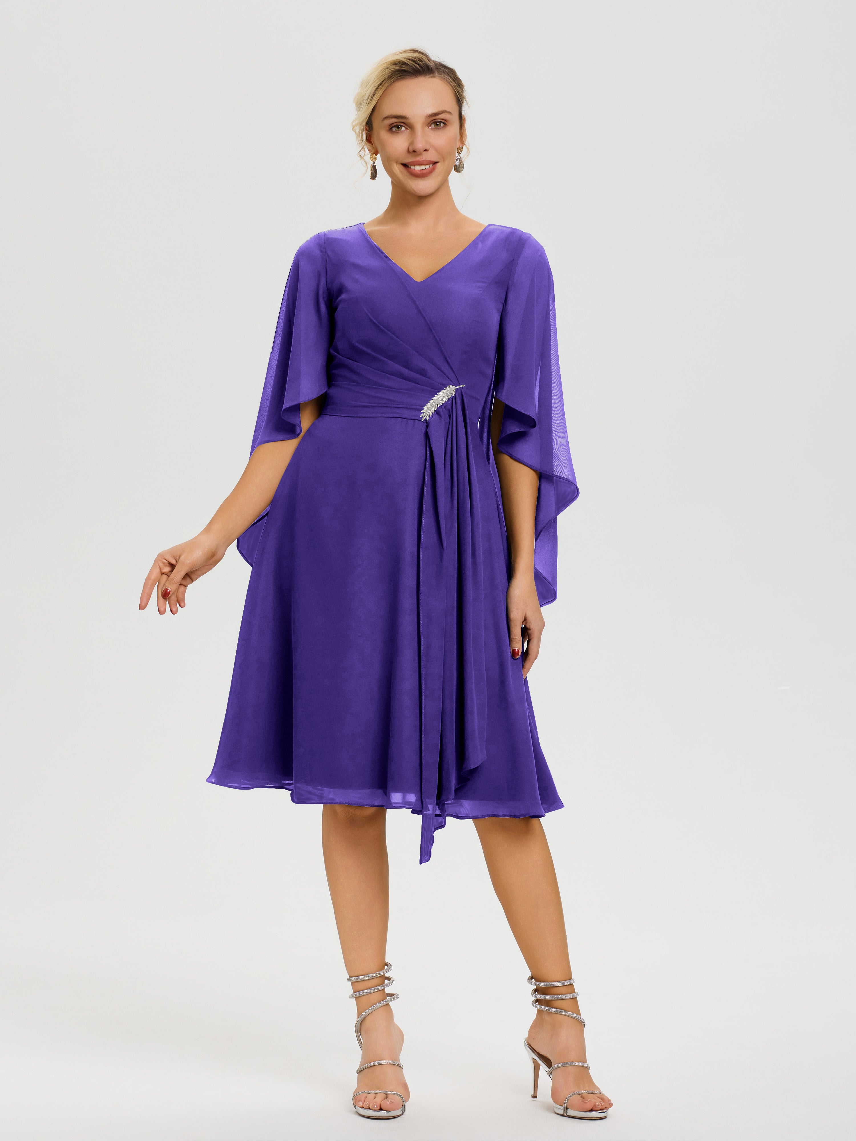 Robe Pour La Mère Du Marié Régence Manches Asymétrique Col V Mousseline Robe Mère Marié