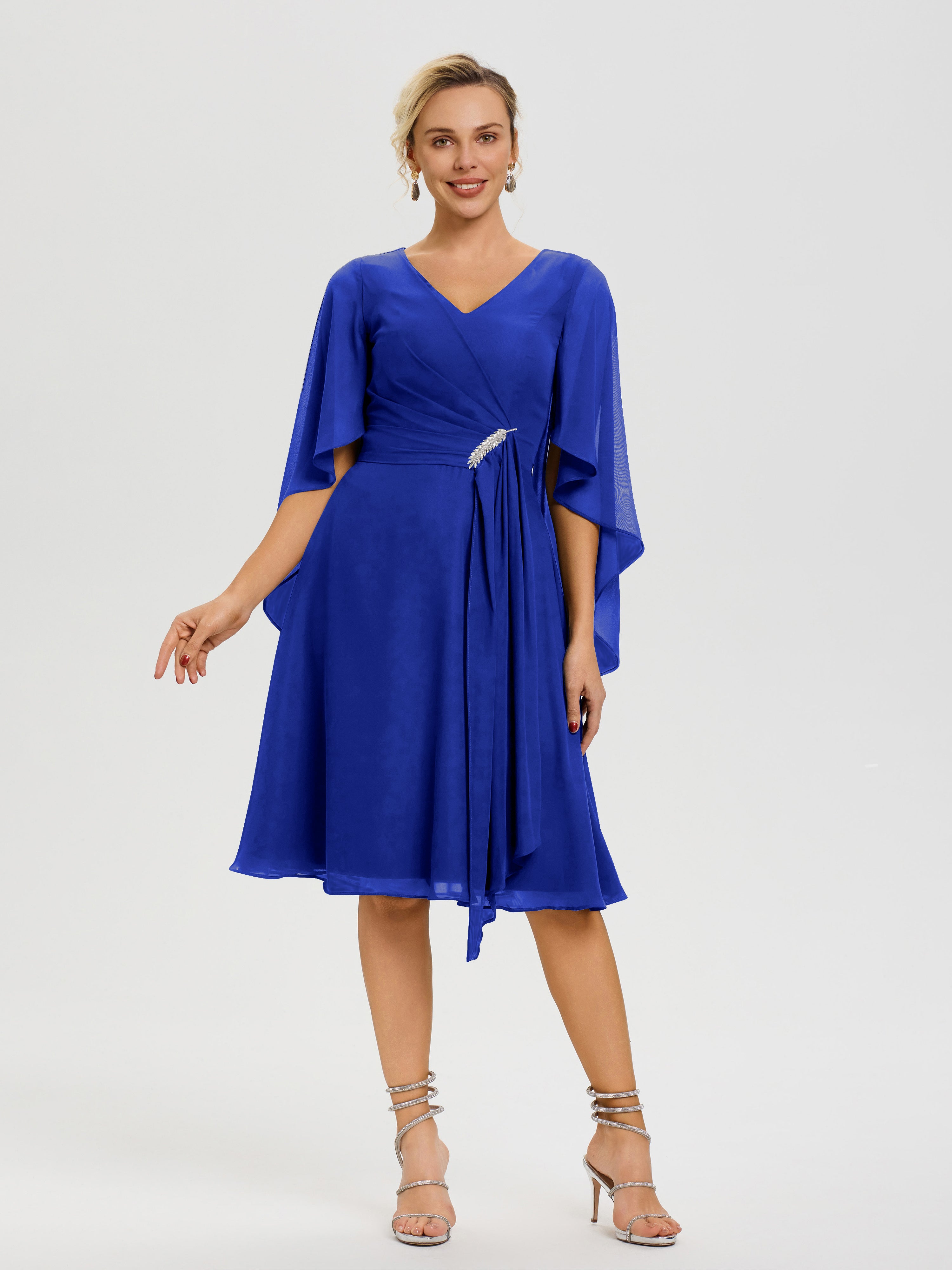 Robe Mere Dela Mariee Bleu Royale Manches Asymétrique Col V Mousseline Robe Mère Marié