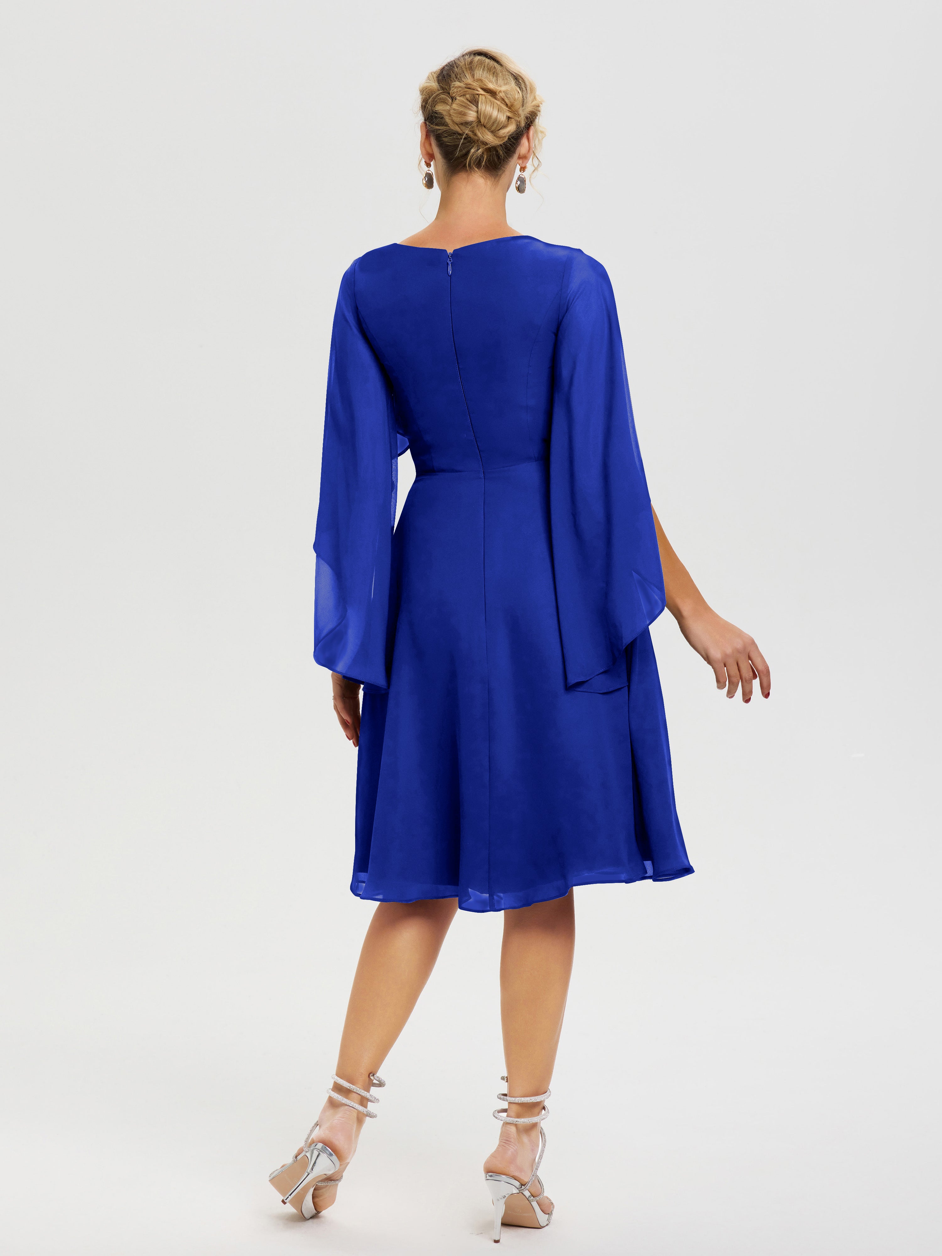 Robe Mere Dela Mariee Bleu Royale Manches Asymétrique Col V Mousseline Robe Mère Marié