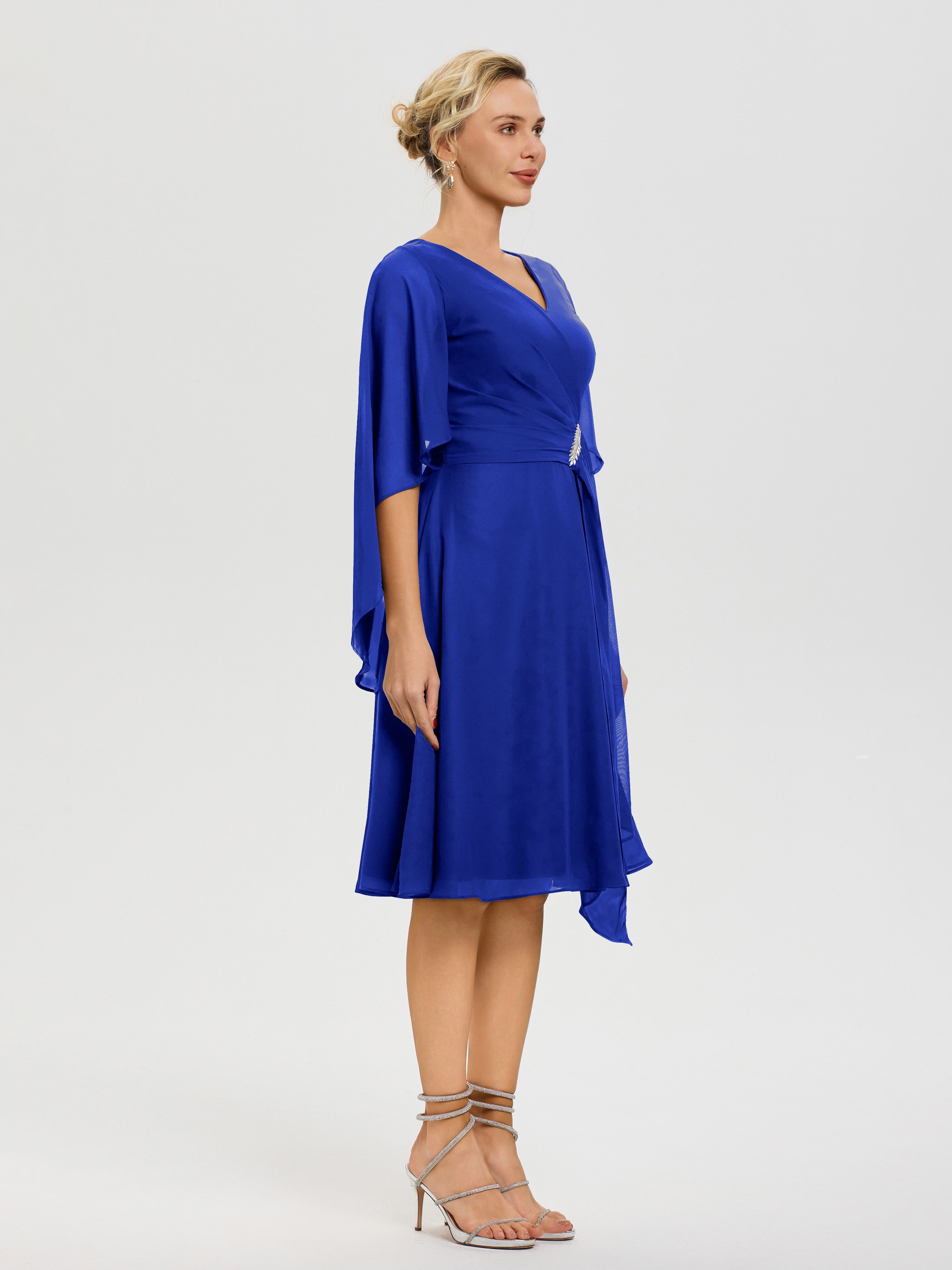Robe Mere Dela Mariee Bleu Royale Manches Asymétrique Col V Mousseline Robe Mère Marié