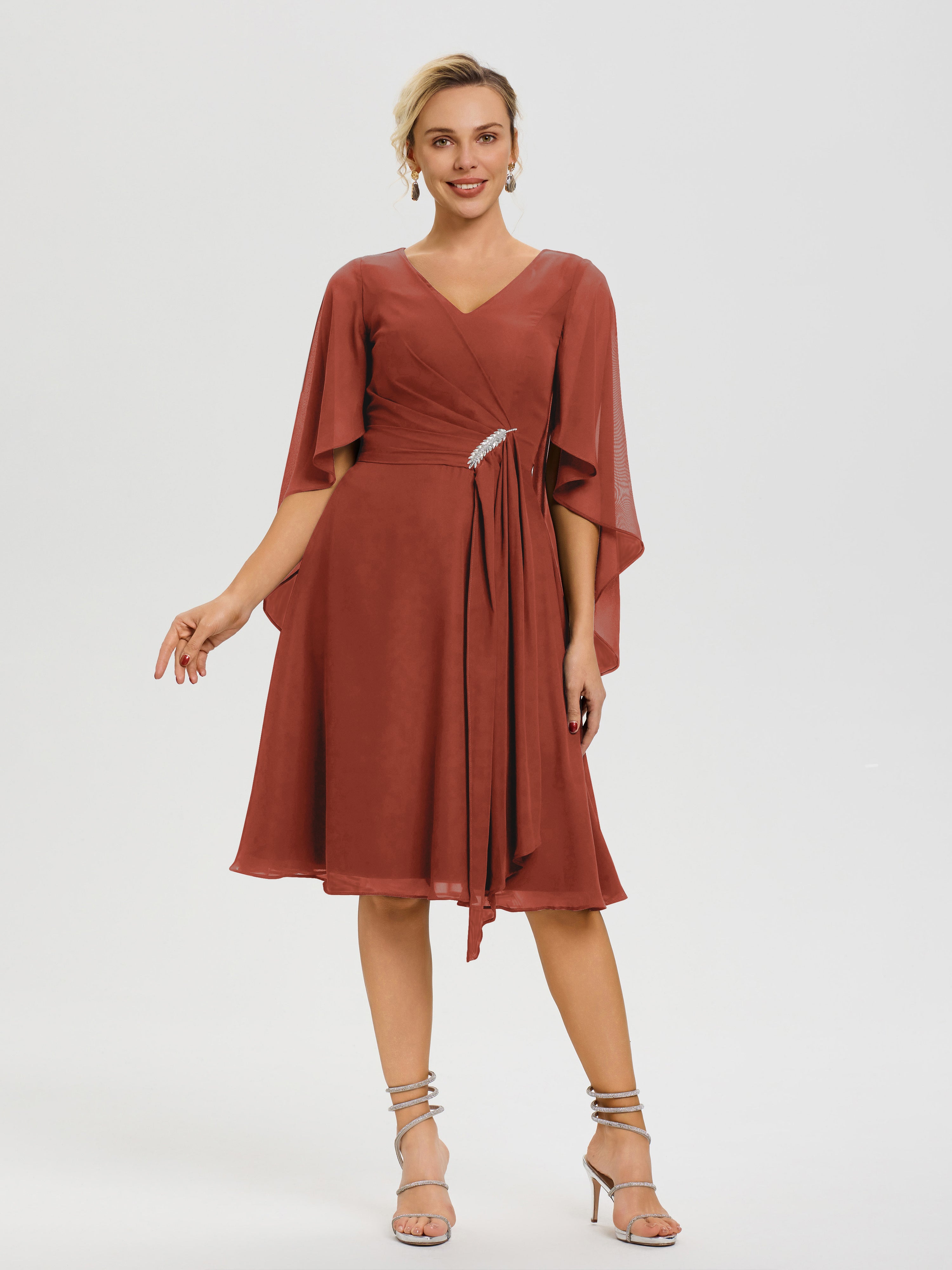 Robe Pour La Mère Du Marié Rouille Manches Asymétrique Col V Mousseline Robe Mère Marié