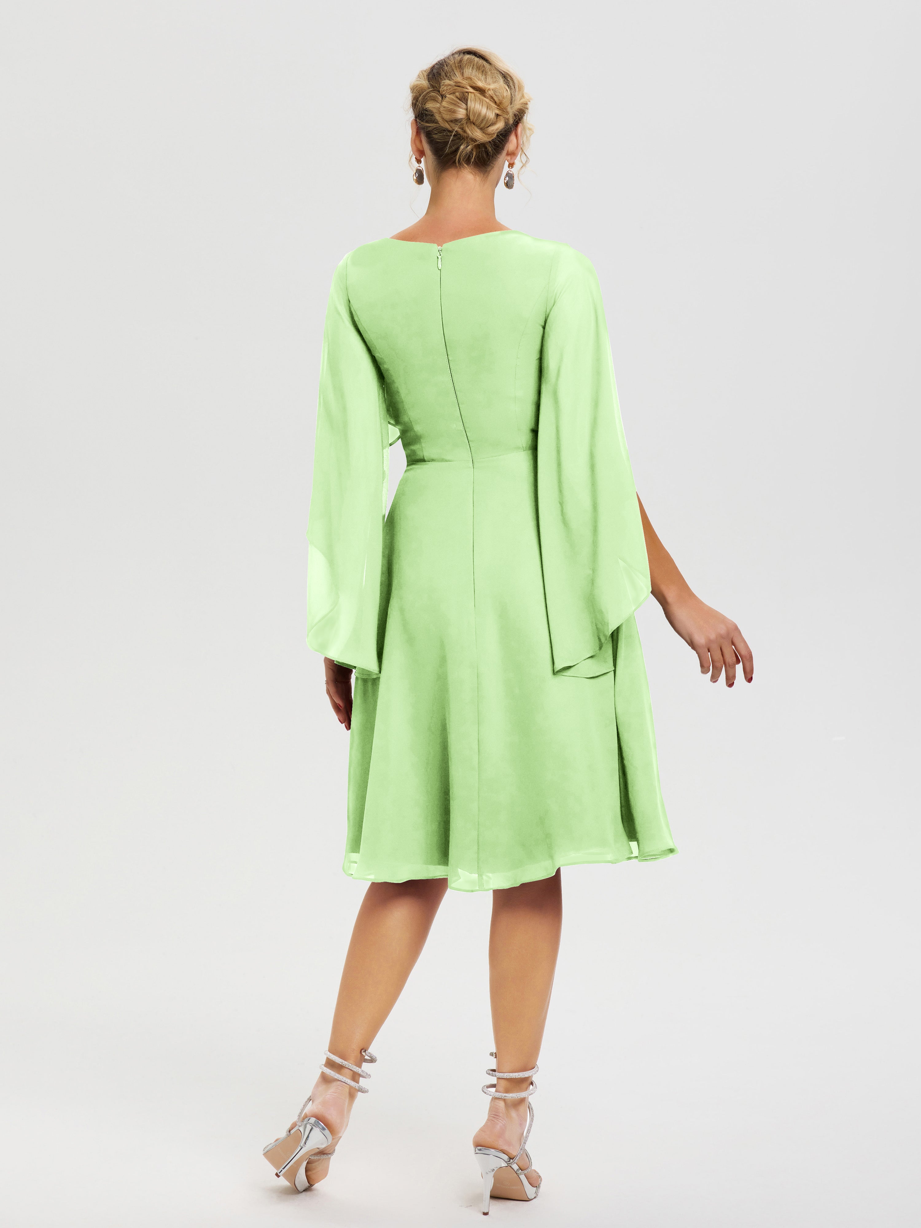 Robe De Cérémonie Mère Du Marié Sauge Manches Asymétrique Col V Mousseline Robe Mère Marié