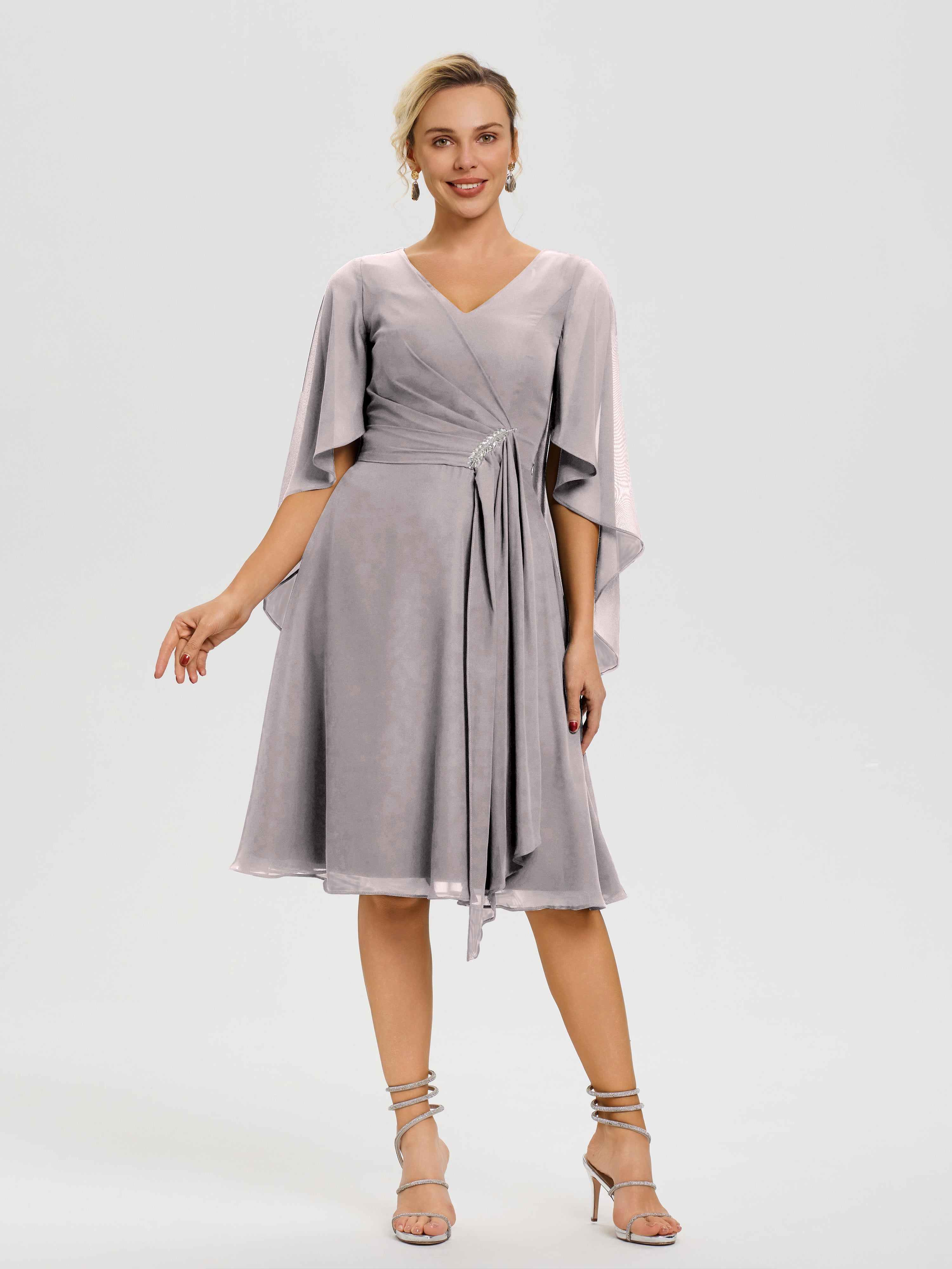 Robe Mere Dela Mariee Argent Manches Asymétrique Col V Mousseline Robe Mère Marié