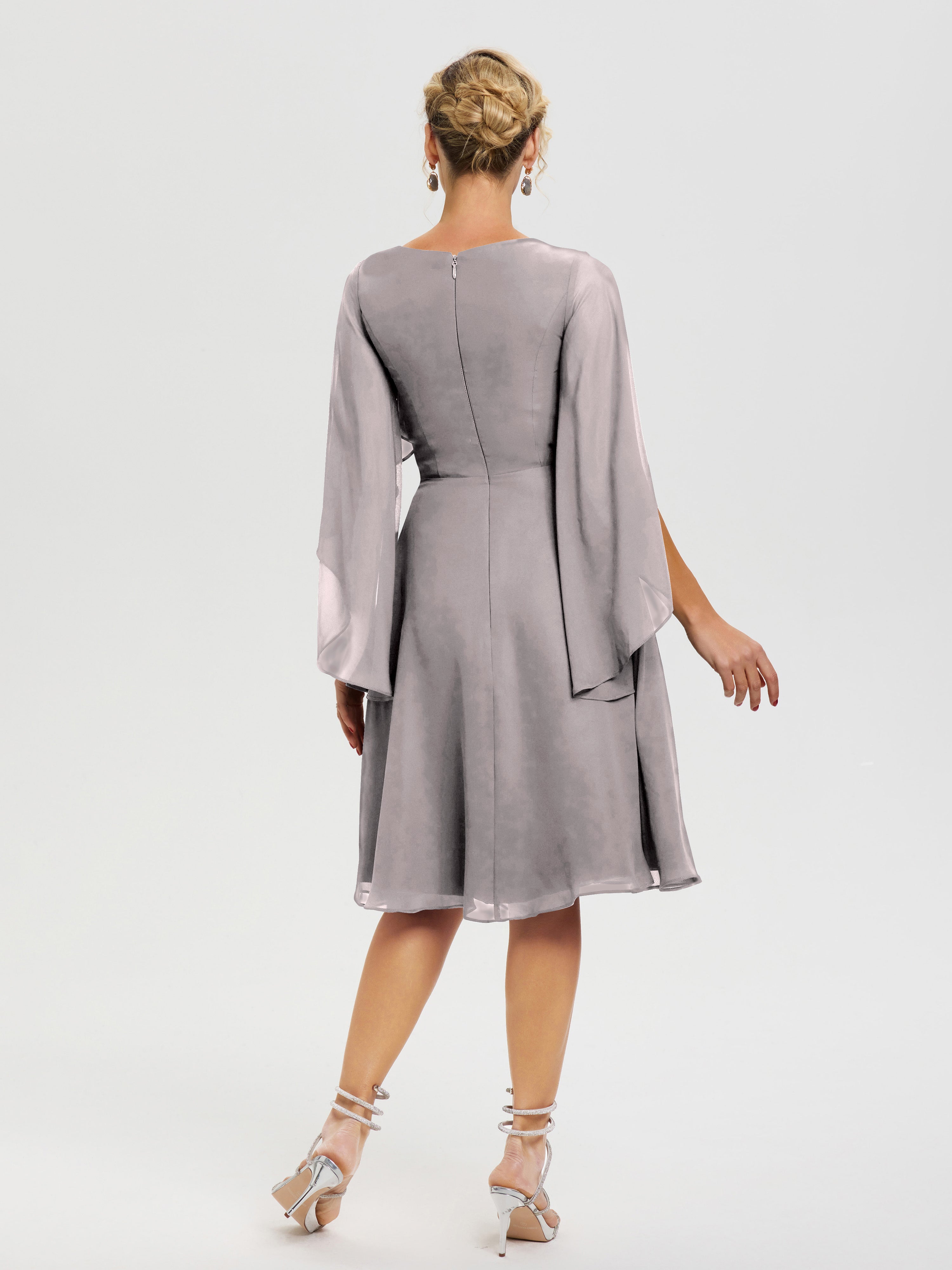 Robe Mere Dela Mariee Argent Manches Asymétrique Col V Mousseline Robe Mère Marié
