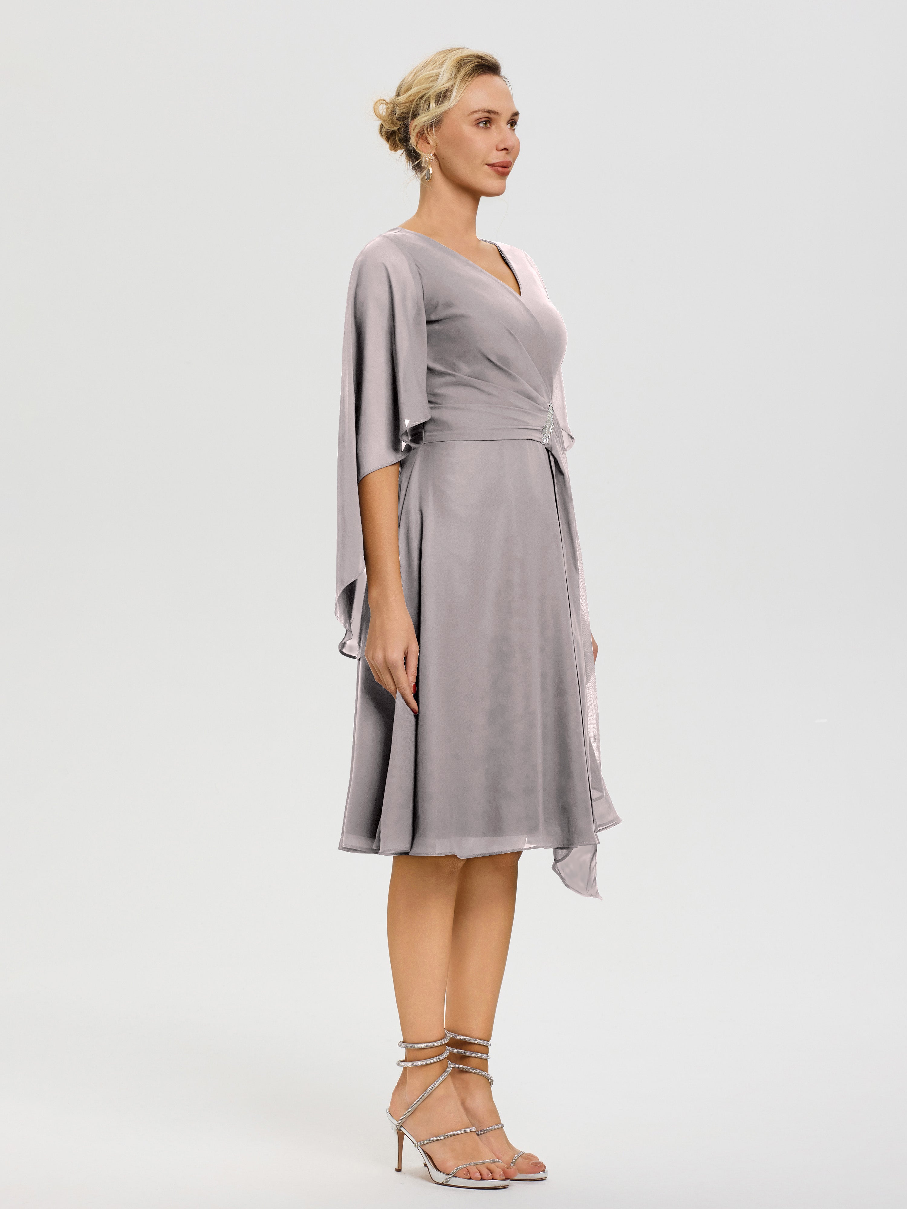 Robe Mere Dela Mariee Argent Manches Asymétrique Col V Mousseline Robe Mère Marié