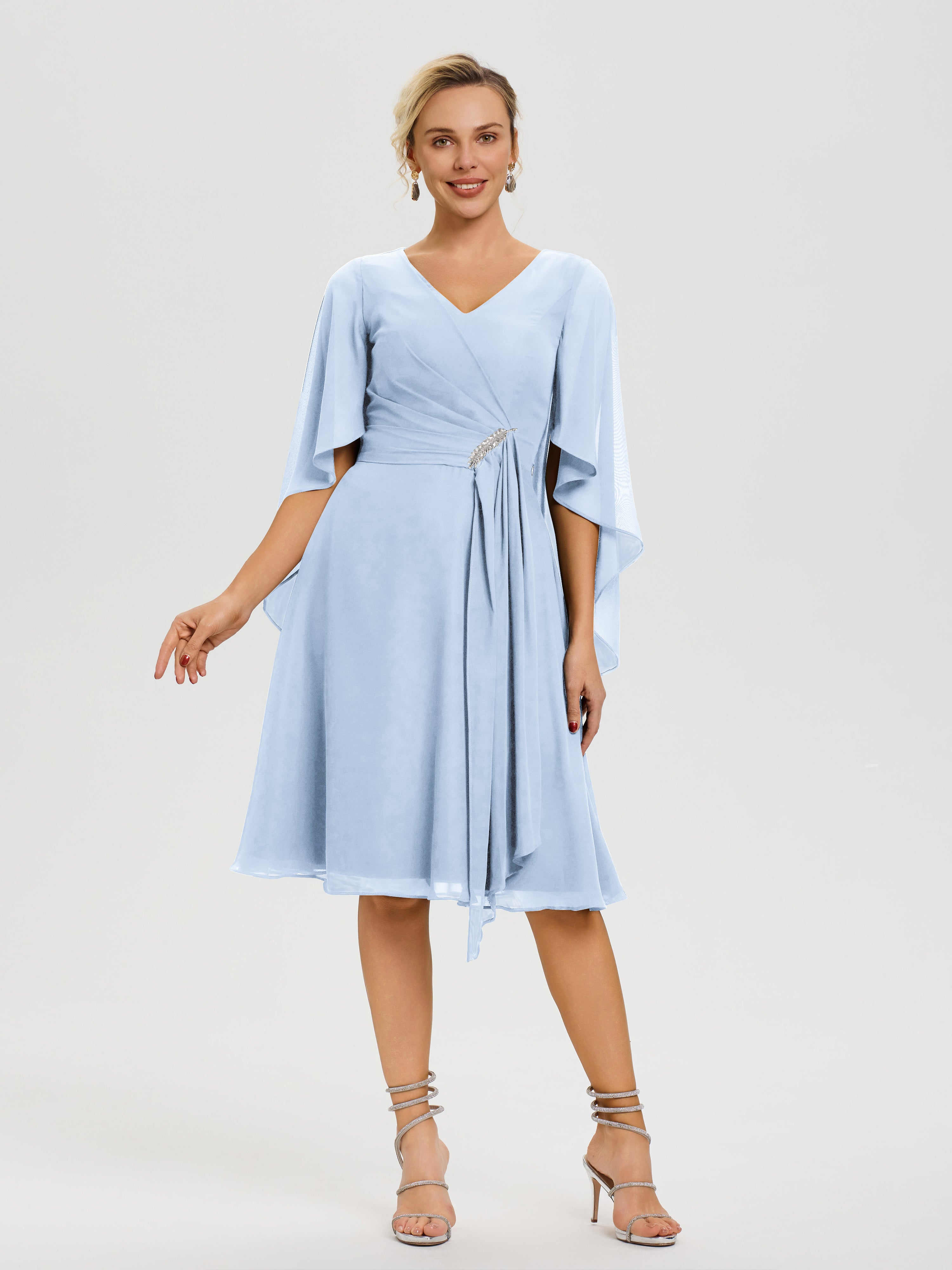 Robe Mere Dela Mariee Bleu Ciel Manches Asymétrique Col V Mousseline Robe Mère Marié
