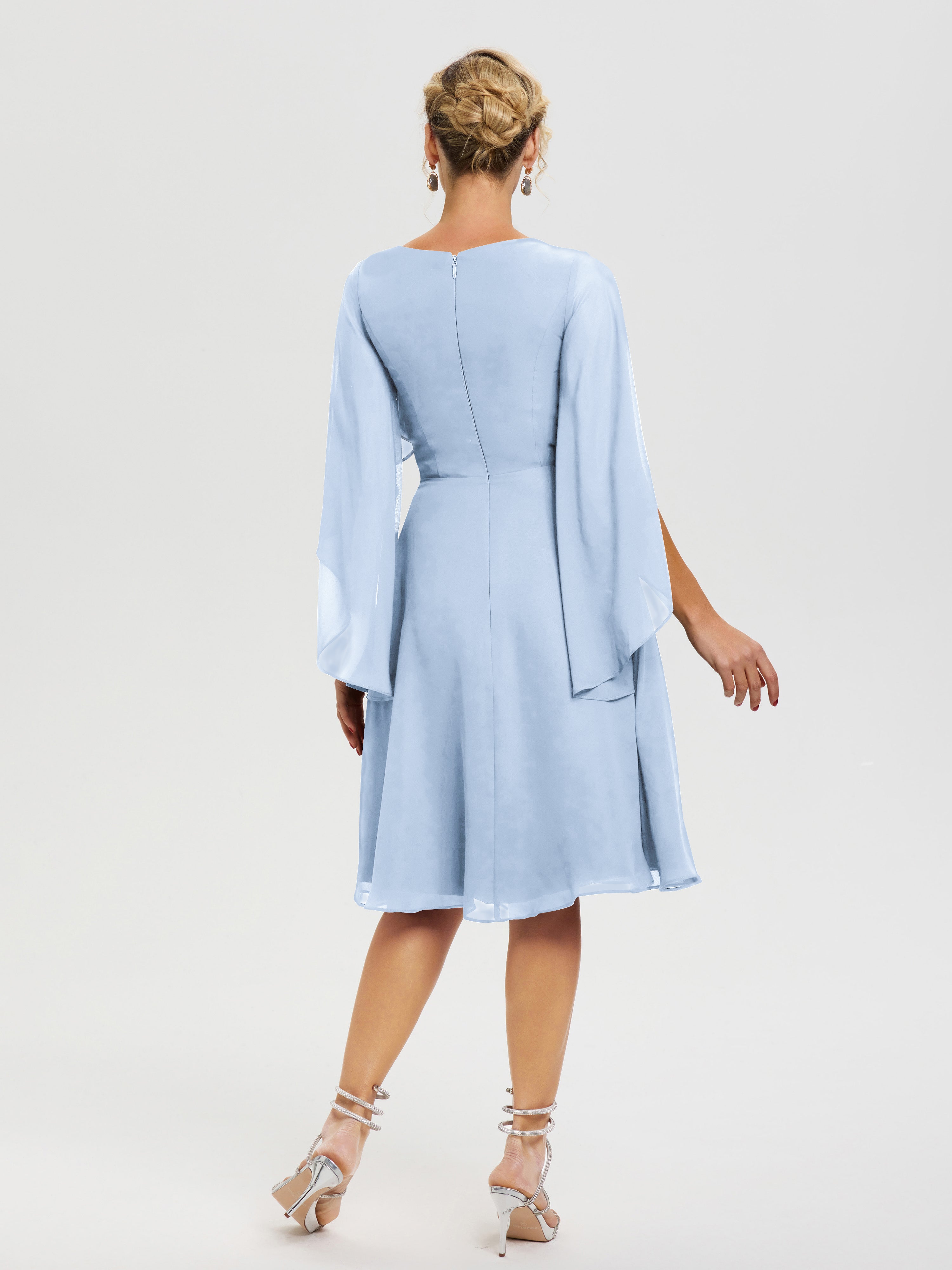 Robe Mere Dela Mariee Bleu Ciel Manches Asymétrique Col V Mousseline Robe Mère Marié
