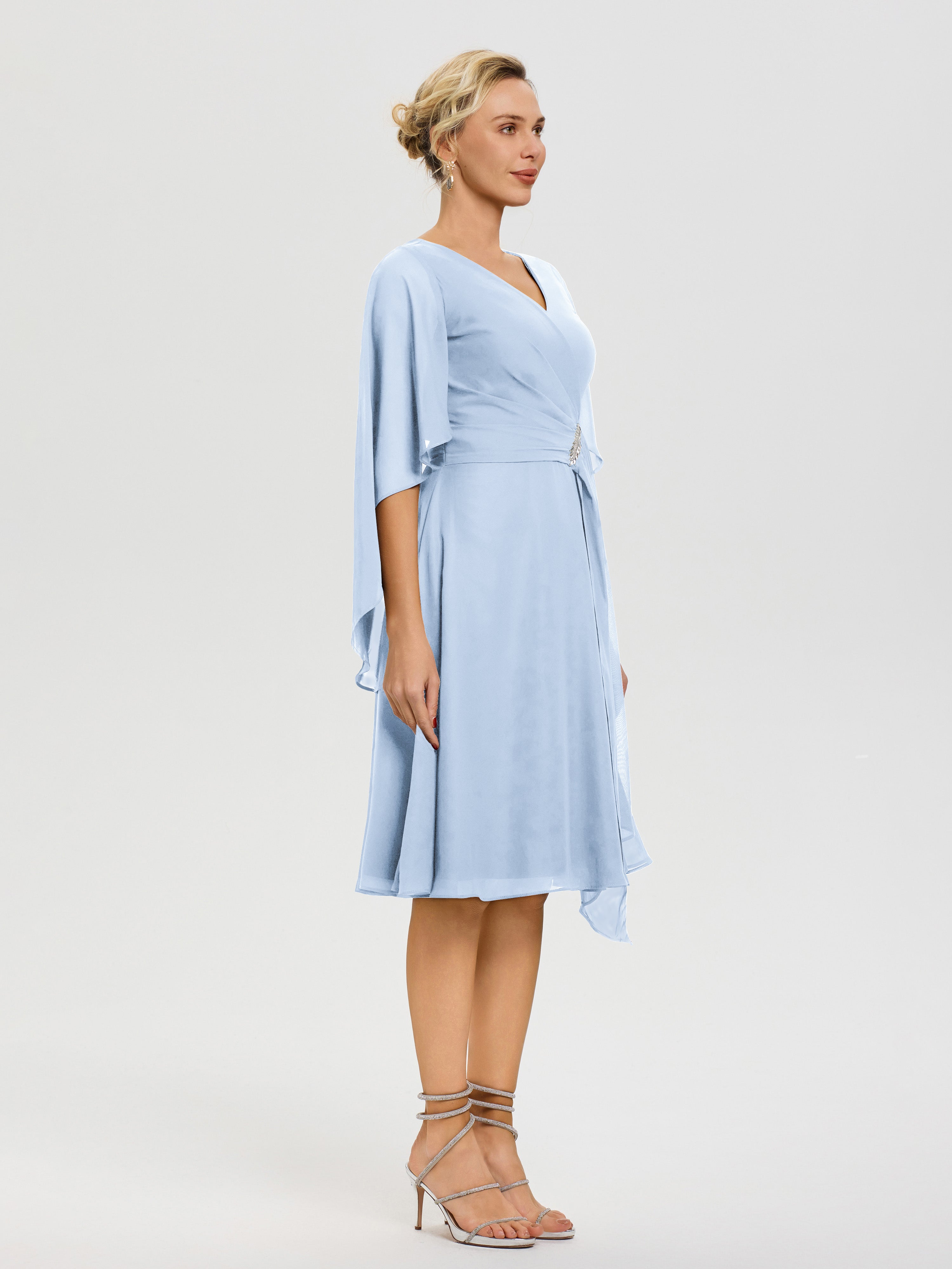 Robe Mere Dela Mariee Bleu Ciel Manches Asymétrique Col V Mousseline Robe Mère Marié