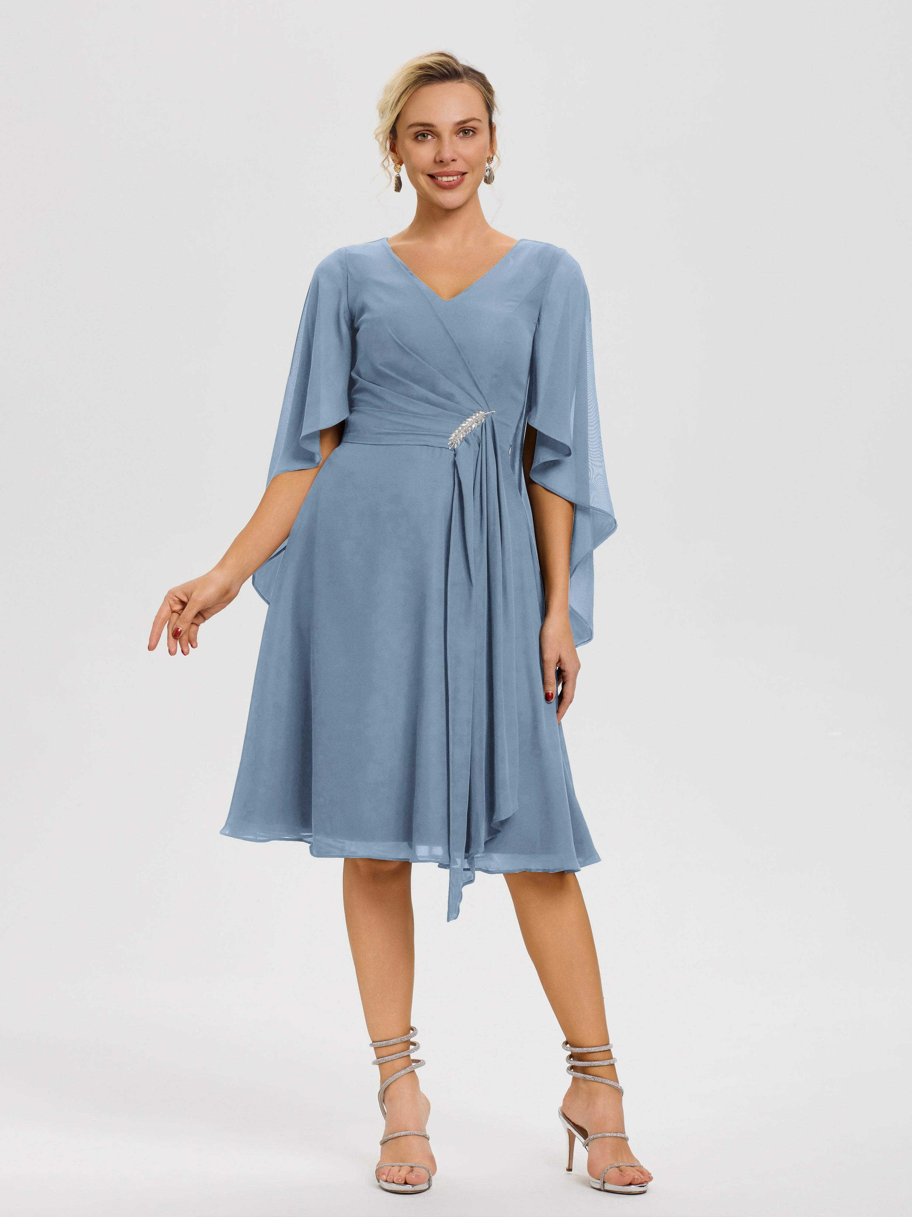 Robe De Cérémonie Mère Du Marié Bleu De Schiste Manches-Asymetrique-Col-V-Mousseline-Robe-Mere-Marie