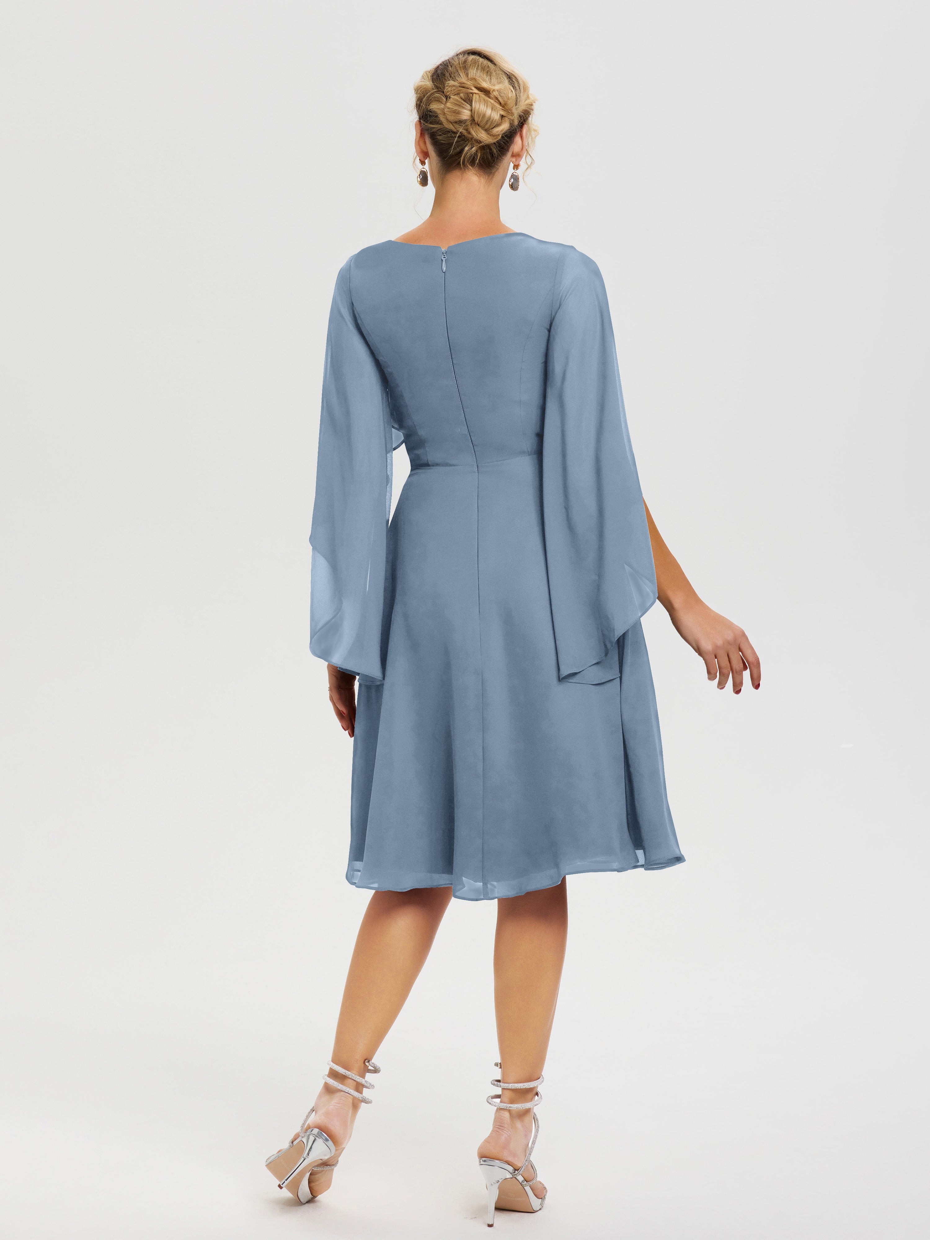 Robe De Cérémonie Mère Du Marié Bleu De Schiste Manches-Asymetrique-Col-V-Mousseline-Robe-Mere-Marie