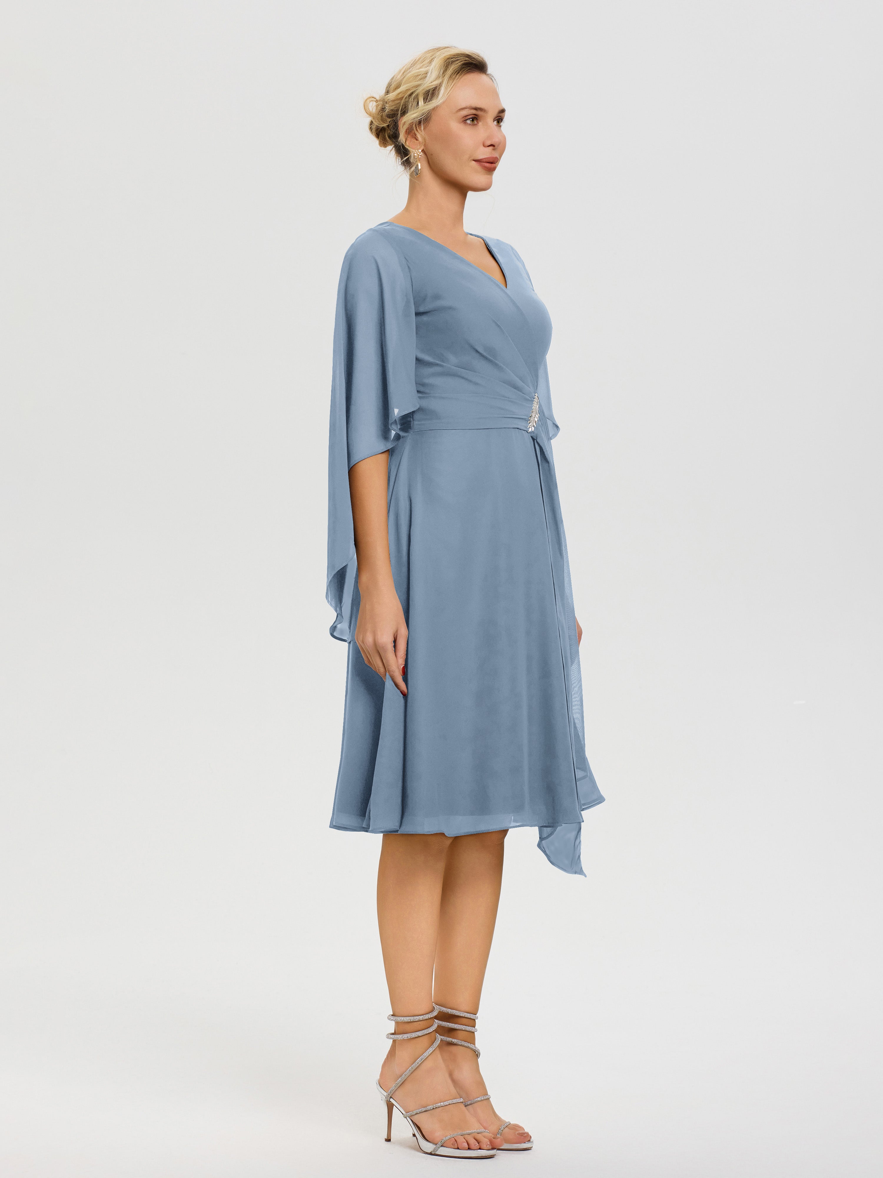Robe De Cérémonie Mère Du Marié Bleu De Schiste Manches-Asymetrique-Col-V-Mousseline-Robe-Mere-Marie